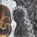 [§] SAM AINSLEY (SCOTTISH B.1950) SMILING SKULL Signed verso and dated 2016, mixed media on board