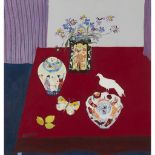 [§] CHRISTINE WOODSIDE R.S.W., R.G.I. (SCOTTISH B.1946) CHINESE TABLE Signed, oil on board 46cm x
