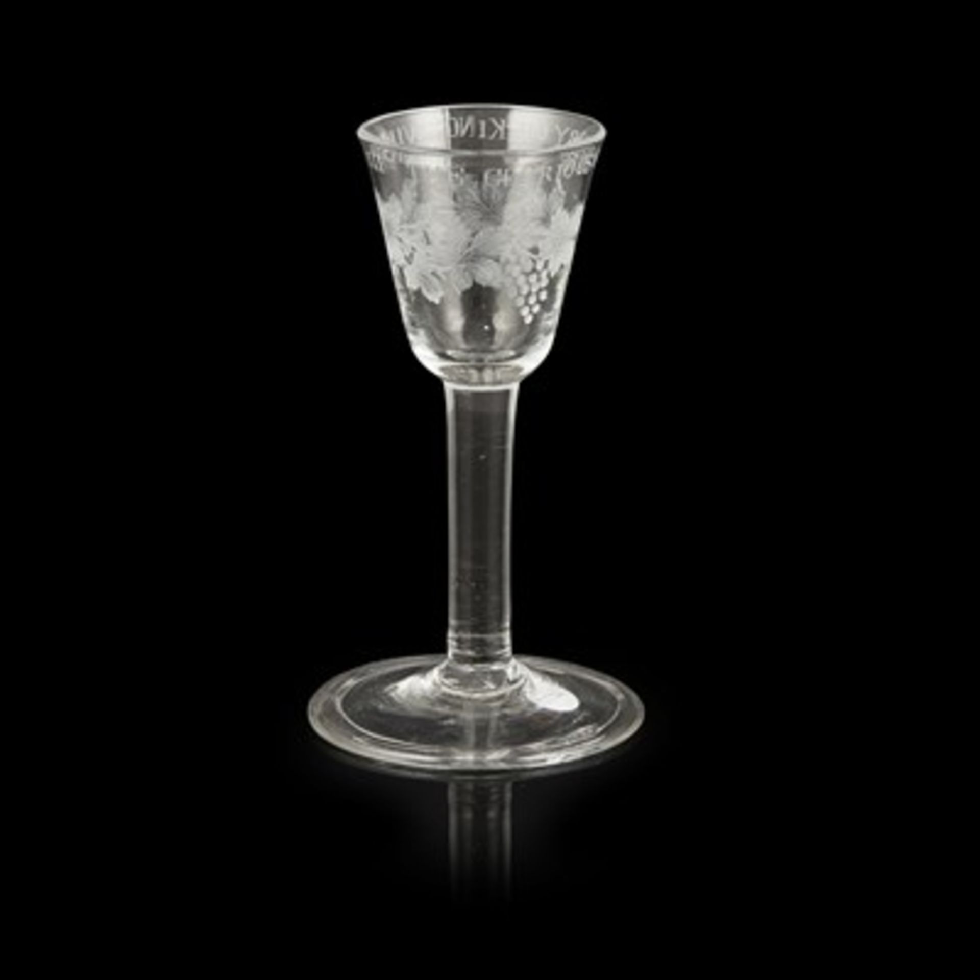 WILLIAMITE ENGRAVED WINE GLASS MID 18TH CENTURY the round funnel bowl wheel-engraved with