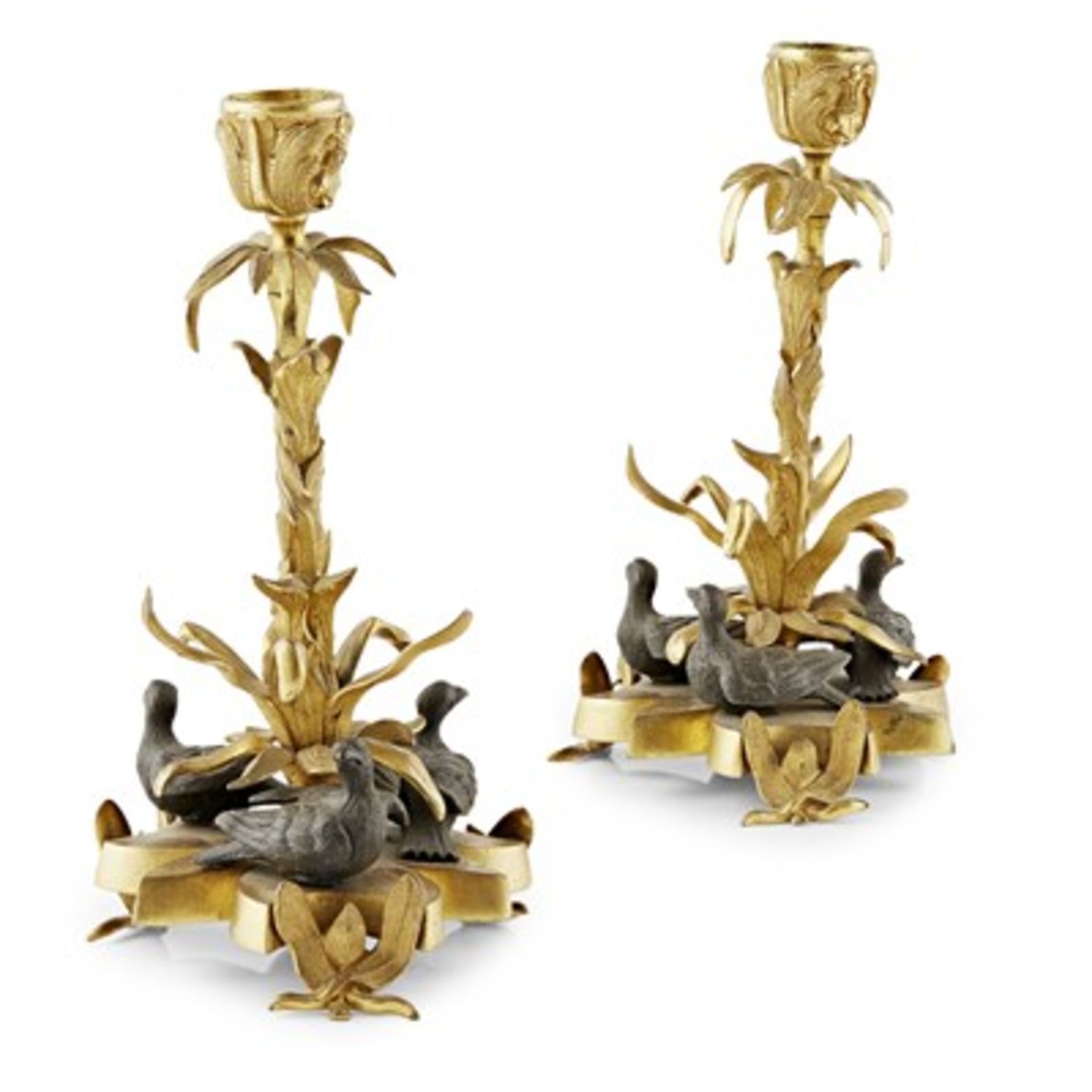 PAIR OF GILT AND PATINATED BRONZE CANDLESTICKS, IN THE MANNER OF WILLIAM BATEMAN 19TH CENTURY with