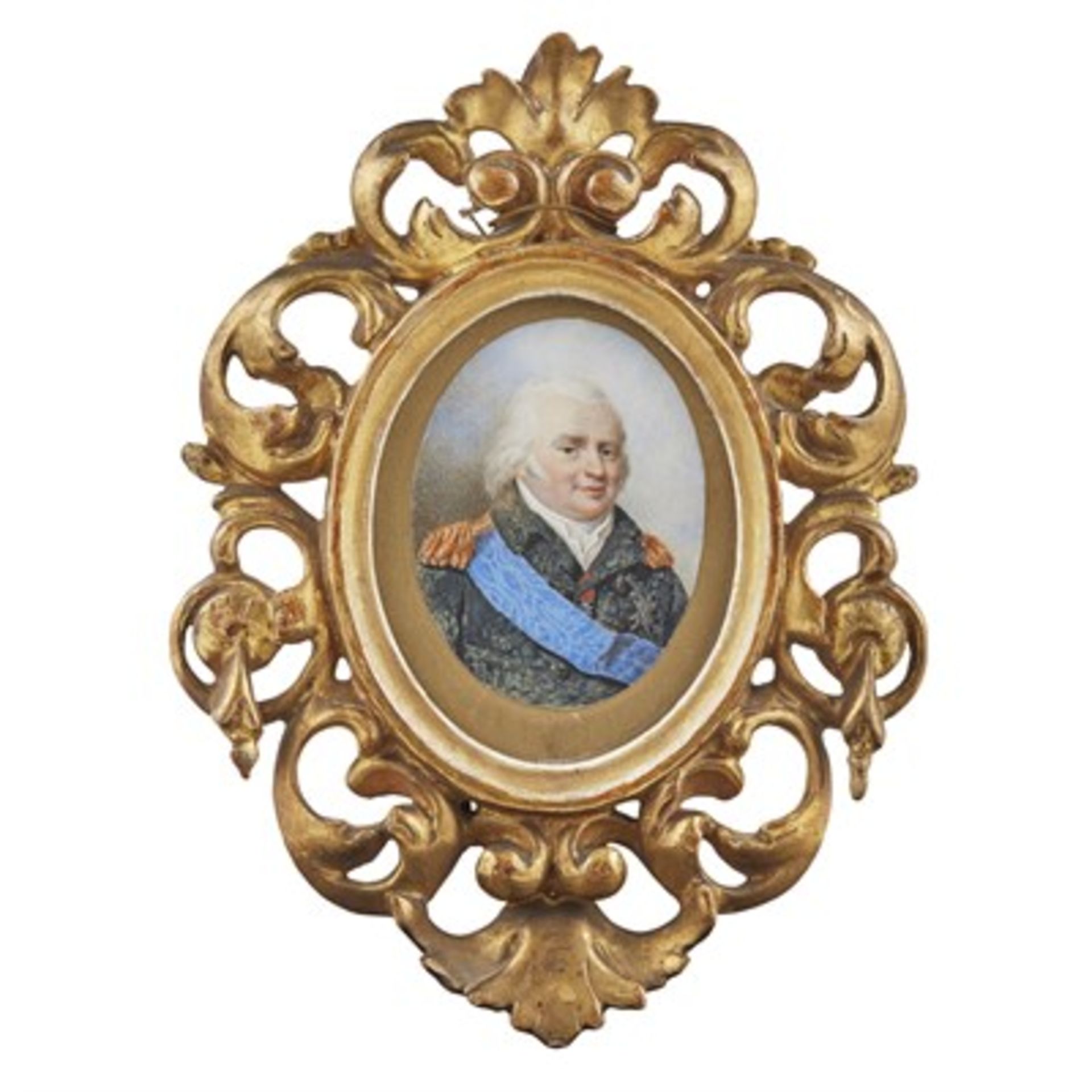 Y PORTRAIT MINIATURE OF LOUIS XVIII 19TH CENTURY watercolour on oval ivory, in a Florentine-style