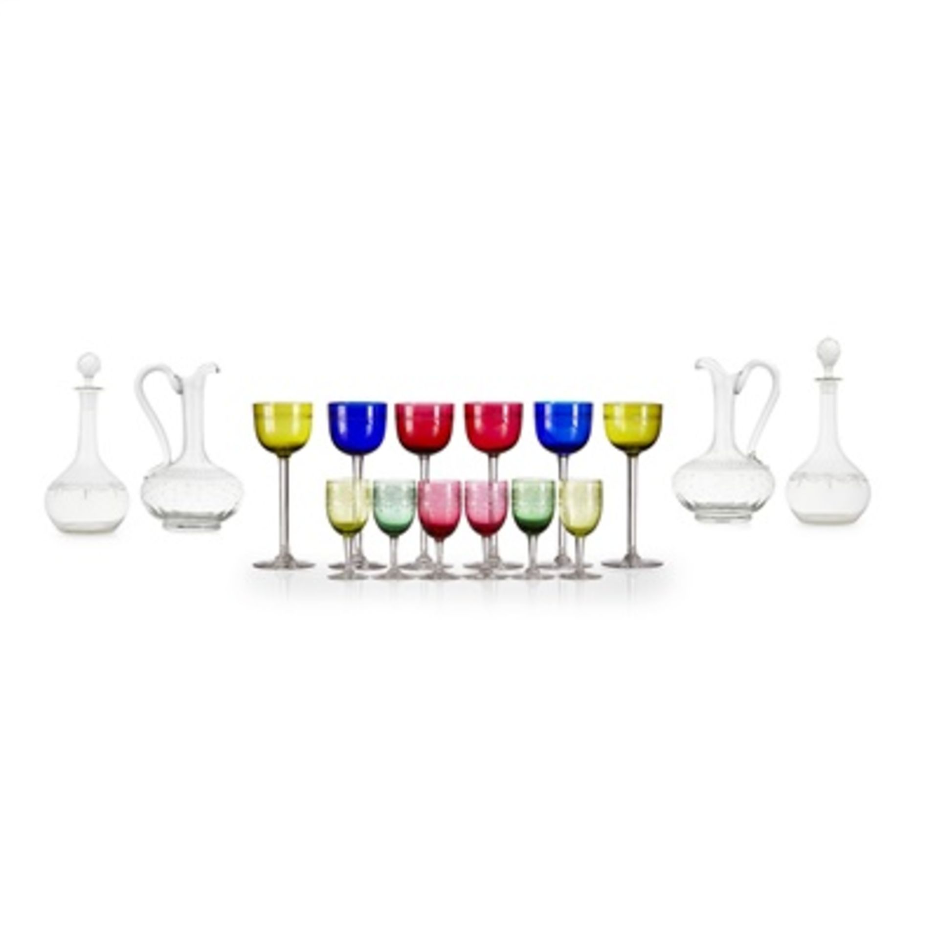 ASSEMBLED SUITE OF ST. LOUIS COLOURED GLASS 20TH CENTURY comprising a set of wine glasses with Greek