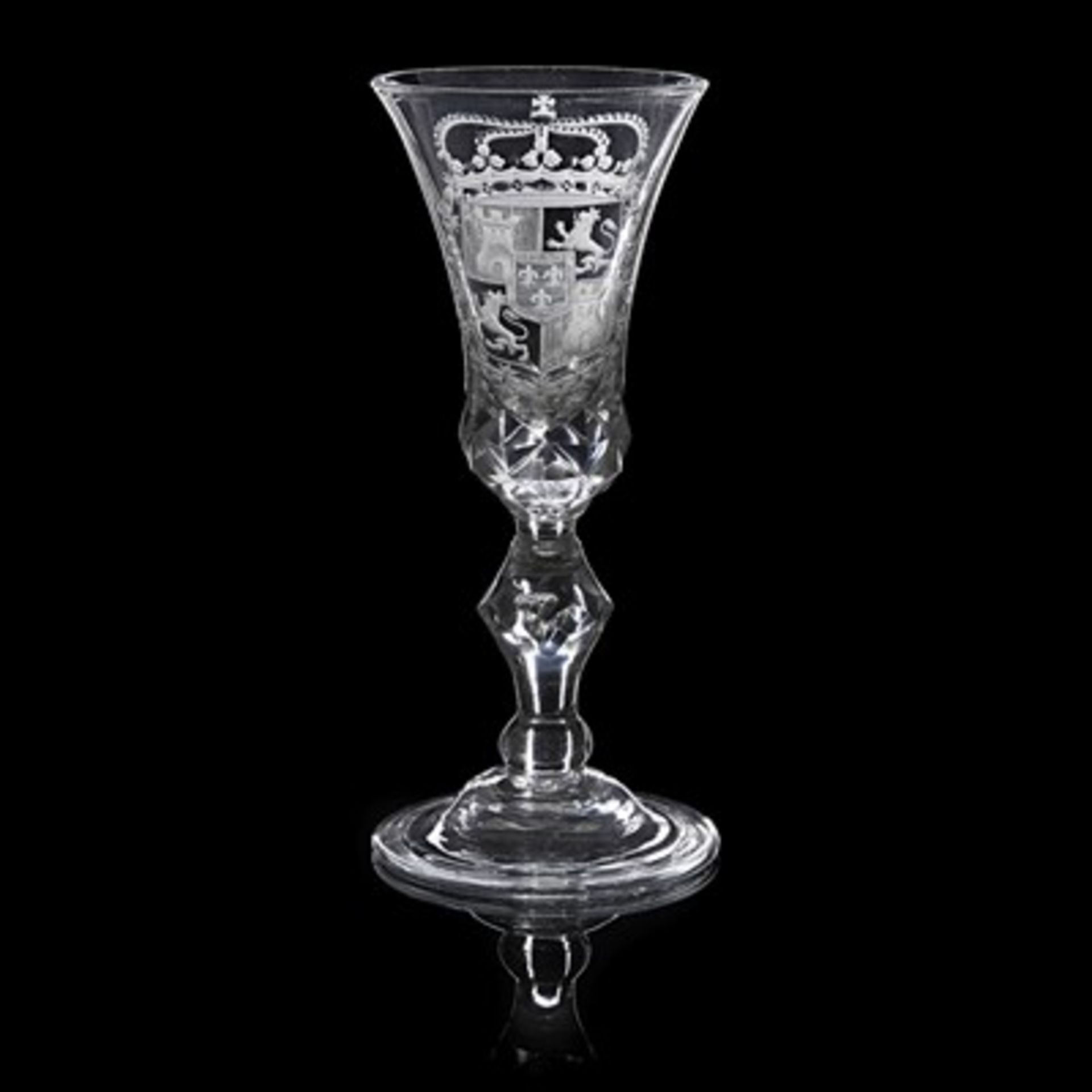 LARGE DUTCH WHEEL-ENGRAVED ARMORIAL GLASS GOBLET MID 18TH CENTURY the flared bowl engraved with