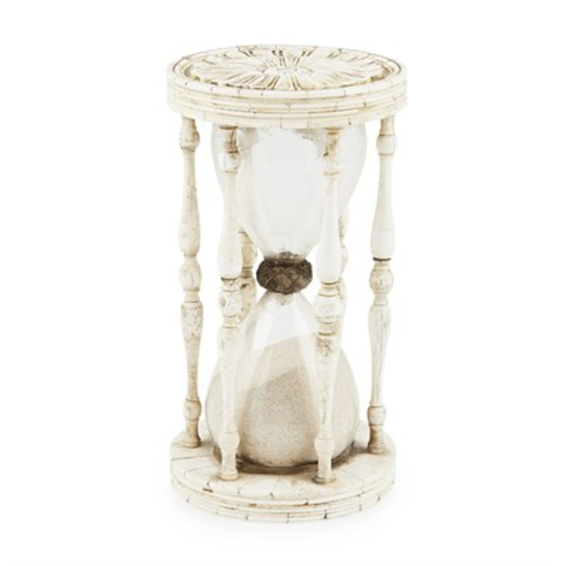 CONTINENTAL CARVED BONE HOURGLASS LATE 18TH CENTURY / EARLY 19TH CENTURY the waisted glass with silk