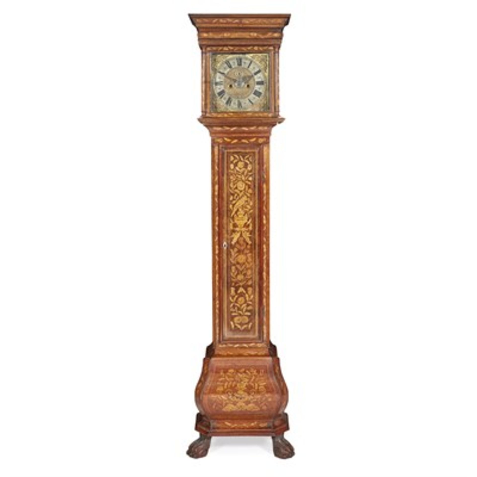 DUTCH MARQUETRY LONGCASE CLOCK SECOND QUARTER 18TH CENTURY the moulded cornice above the 10in. brass