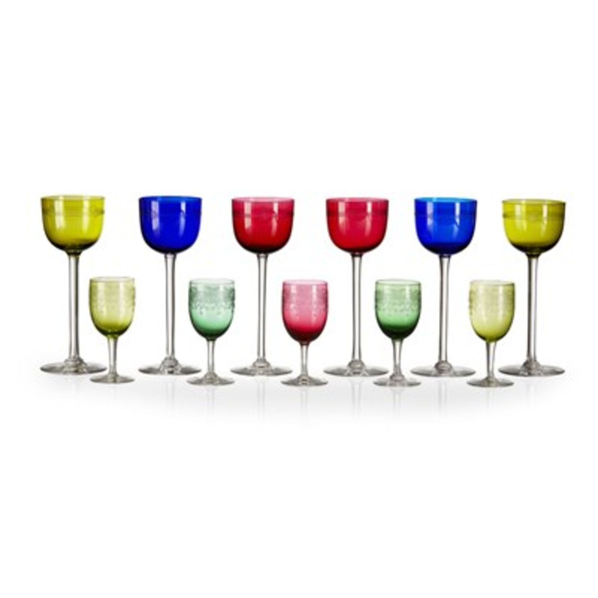 ASSEMBLED SUITE OF ST. LOUIS COLOURED GLASS 20TH CENTURY comprising a set of wine glasses with Greek - Image 2 of 4