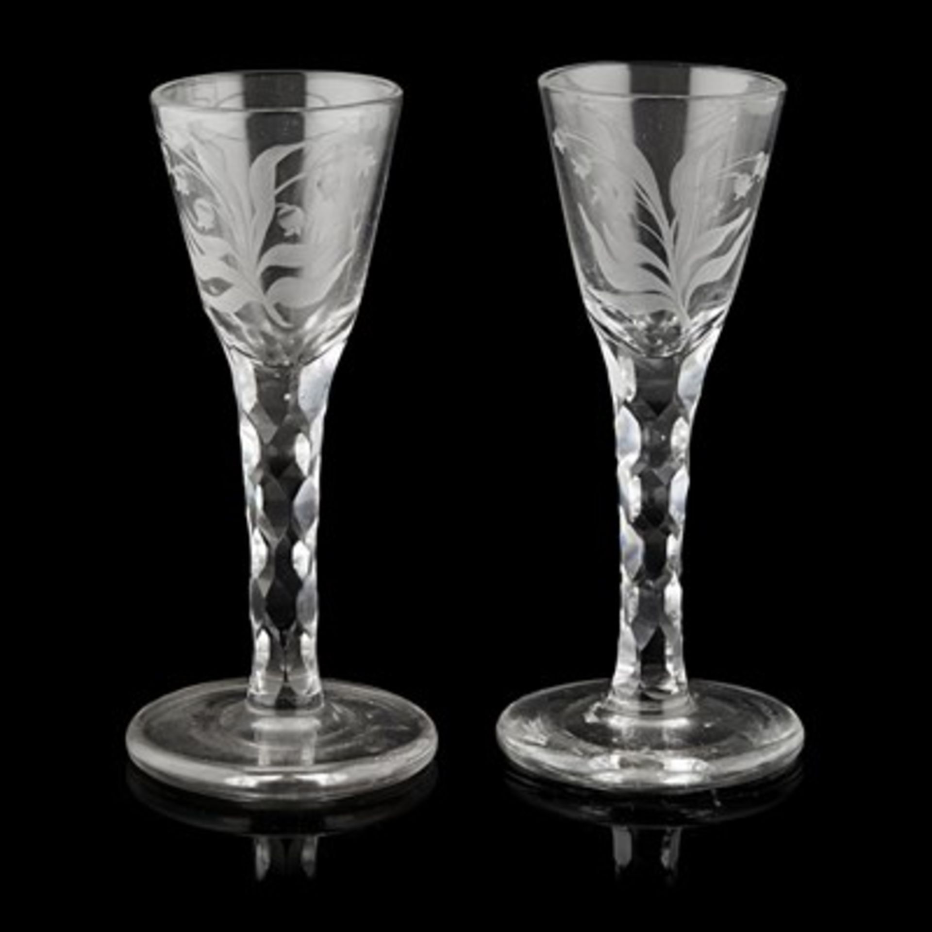 PAIR OF GEORGIAN ENGRAVED WINE GLASSES MID-LATE 18TH CENTURY with round funnel bowls, wheel-engraved