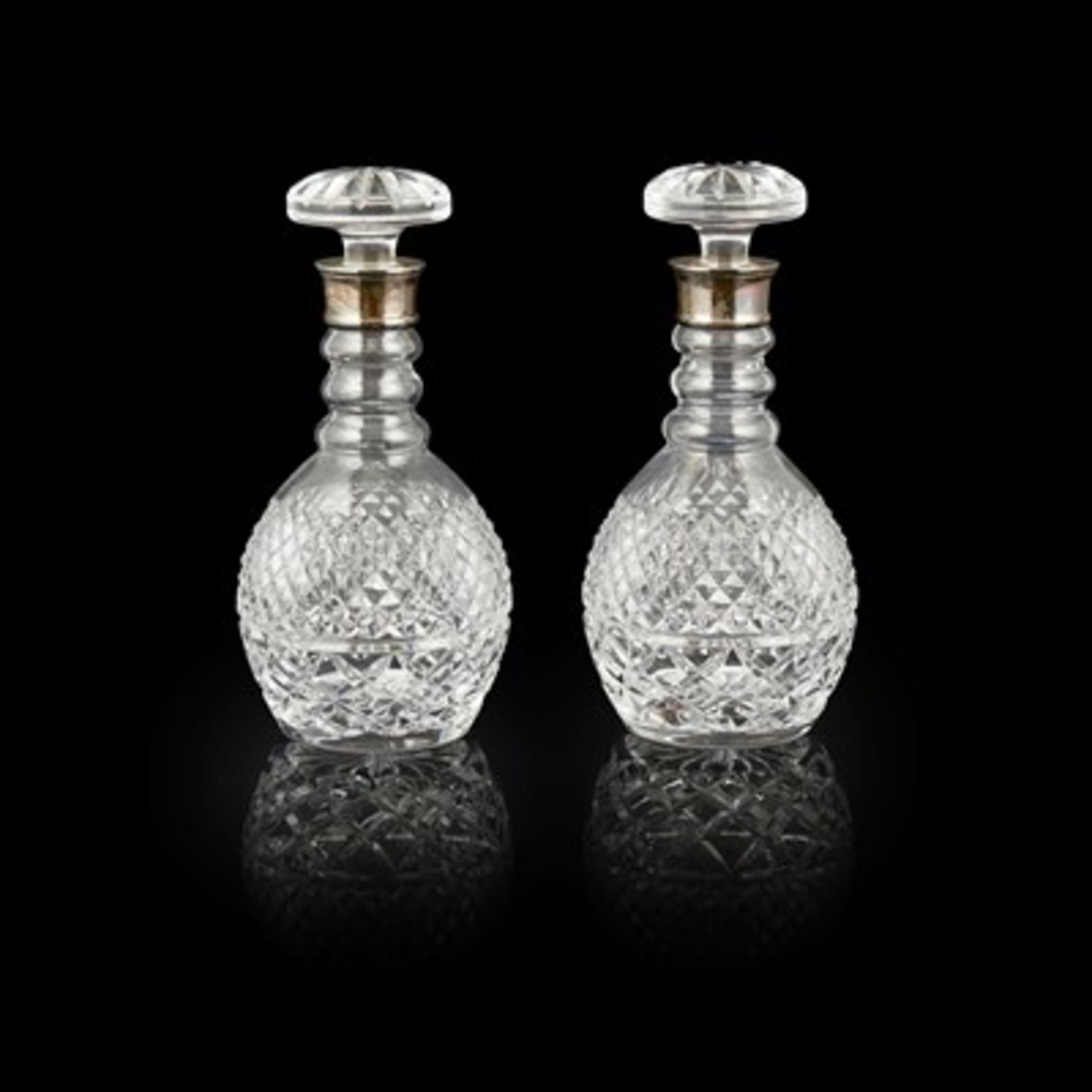 PAIR OF SILVER-MOUNTED CUT GLASS DECANTERS AND STOPPERS HALLMARKED BIRMINGHAM 1989 with silver - Image 2 of 3