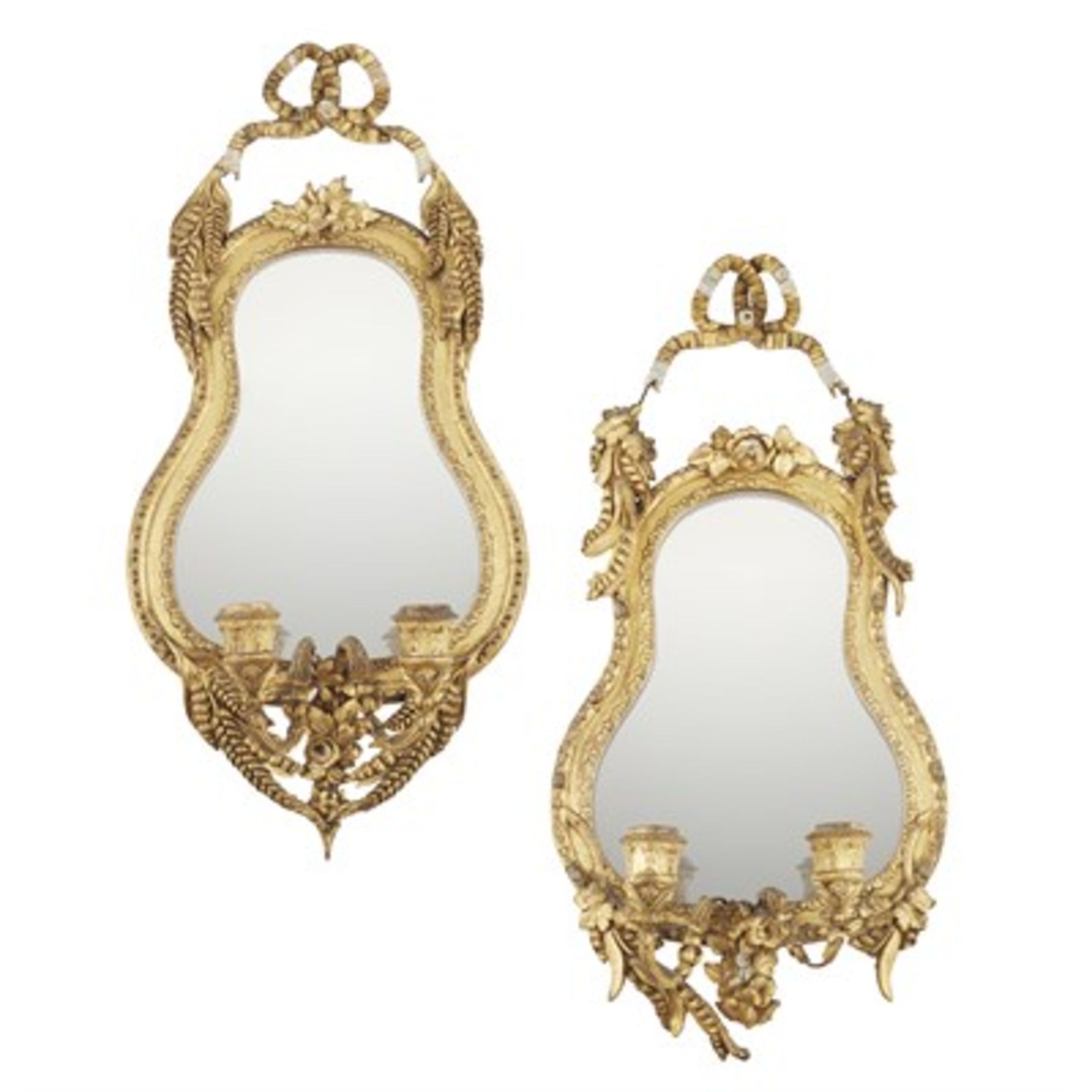NEAR PAIR OF VICTORIAN GESSO AND GILTWOOD GIRANDOLE MIRRORS 19TH CENTURY the cartouche shaped mirror