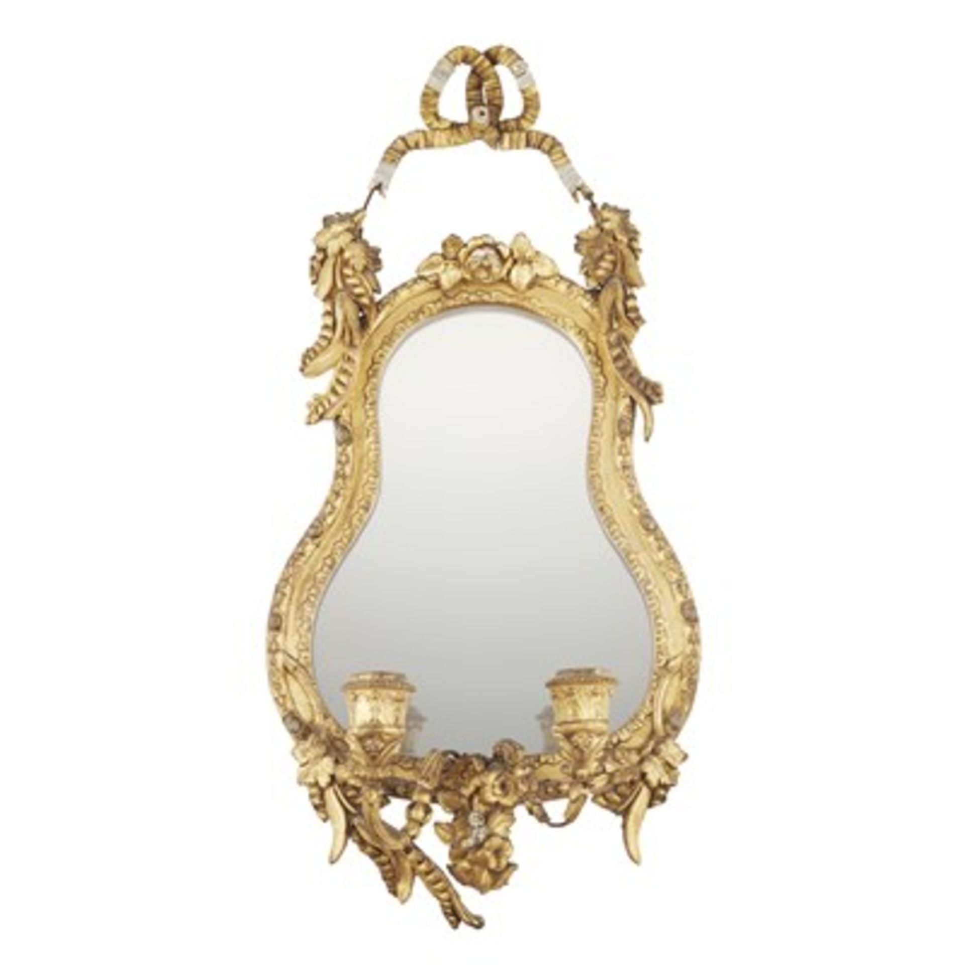 NEAR PAIR OF VICTORIAN GESSO AND GILTWOOD GIRANDOLE MIRRORS 19TH CENTURY the cartouche shaped mirror - Image 2 of 3