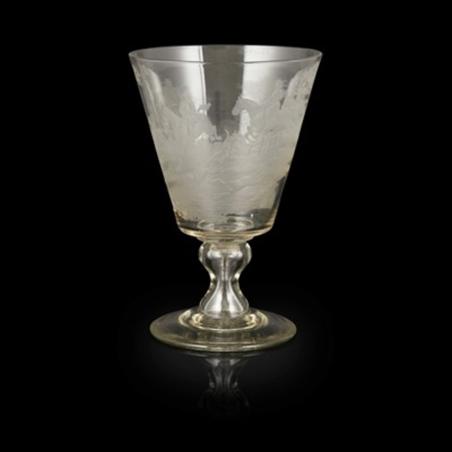 TWO LARGE ENGRAVED HUNTING GLASS GOBLETS EARLY 19TH CENTURY the first with a large rounded bowl - Image 2 of 3