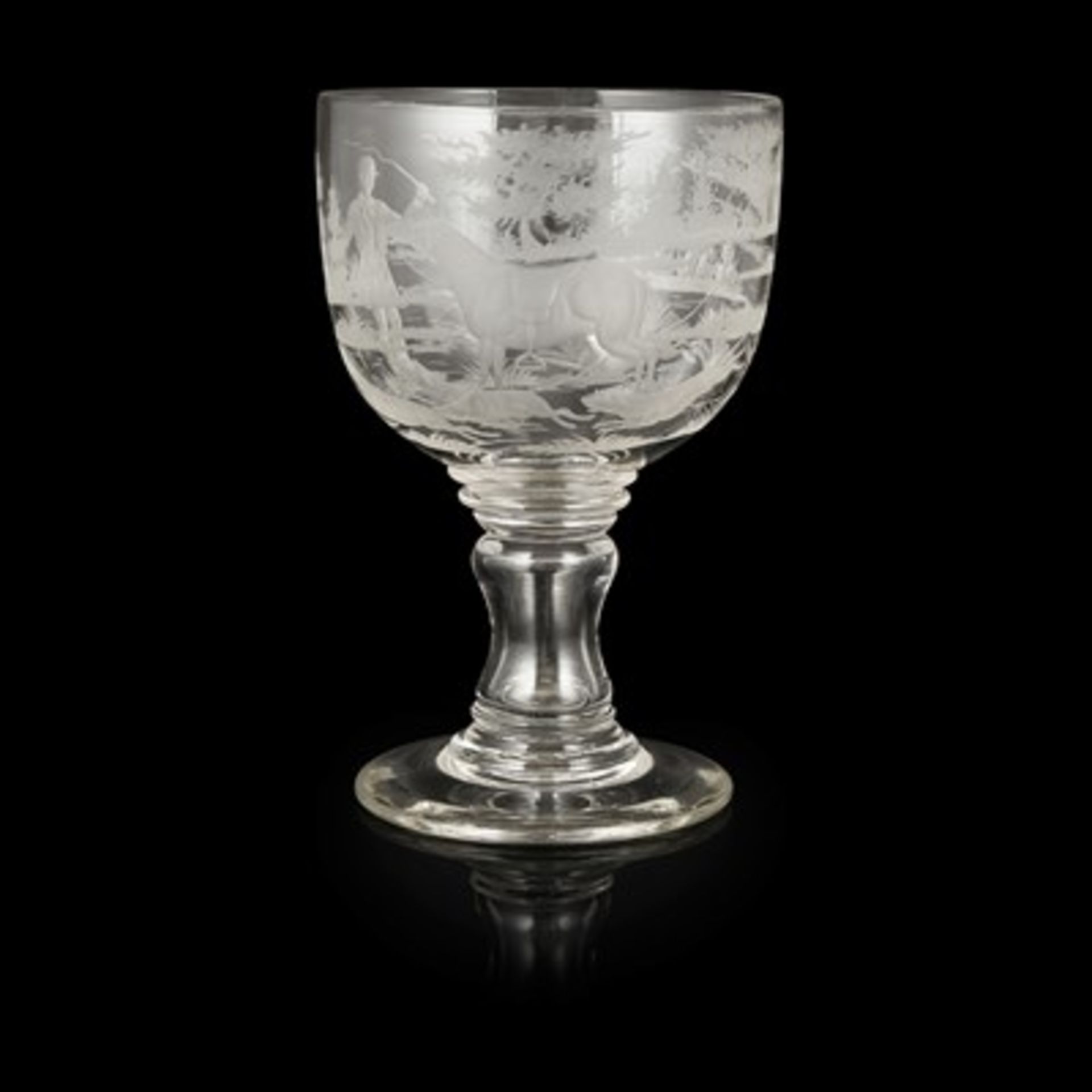 TWO LARGE ENGRAVED HUNTING GLASS GOBLETS EARLY 19TH CENTURY the first with a large rounded bowl - Image 3 of 3