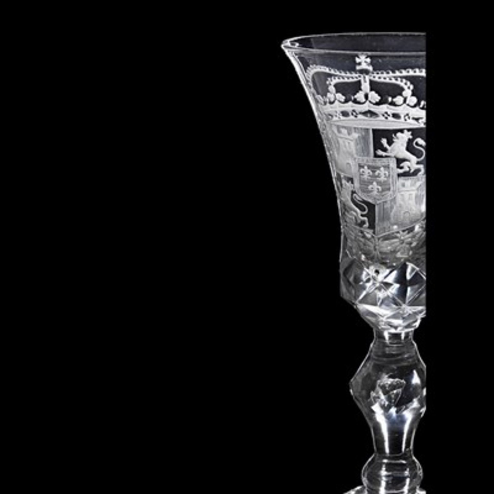 LARGE DUTCH WHEEL-ENGRAVED ARMORIAL GLASS GOBLET MID 18TH CENTURY the flared bowl engraved with - Image 2 of 3