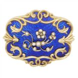An early Victorian enamel and pearl set mourning brooch of shaped oval outline, the blue enamel