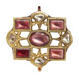 An Indian tourmaline and diamond set and enamelled pendant of stylised quatrefoil design, the