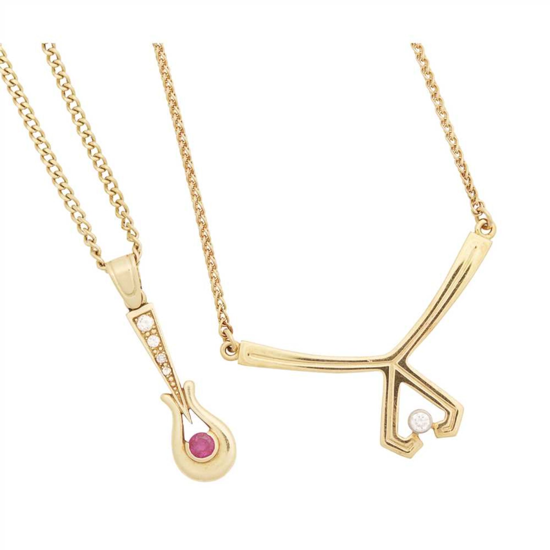 An 18ct gold diamond set necklace and earrings suite of tapering geometric design, each collet set