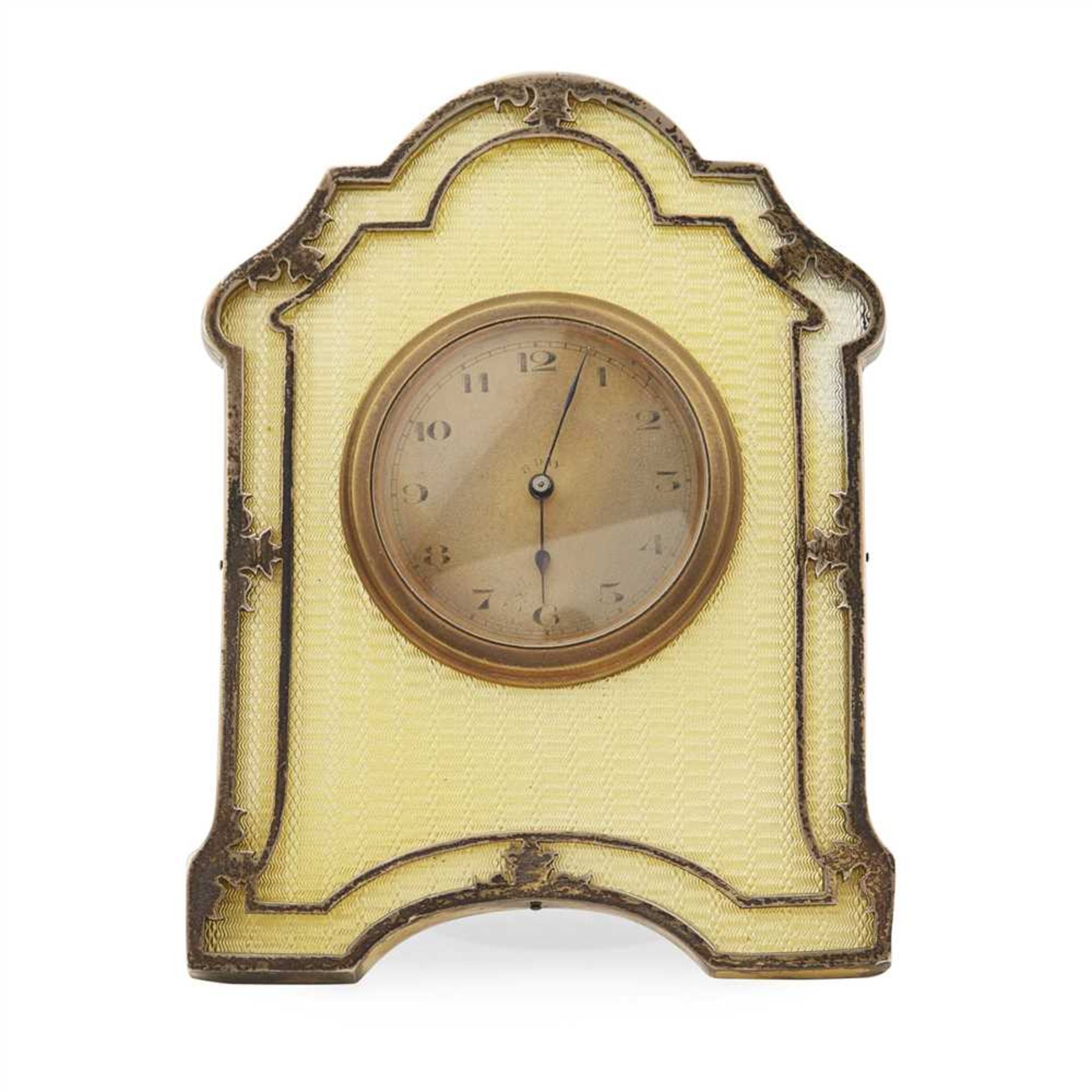 A silver gilt and enamel desk clock Charles and Richard Comyns, London, of strut form, shaped arched - Image 2 of 2