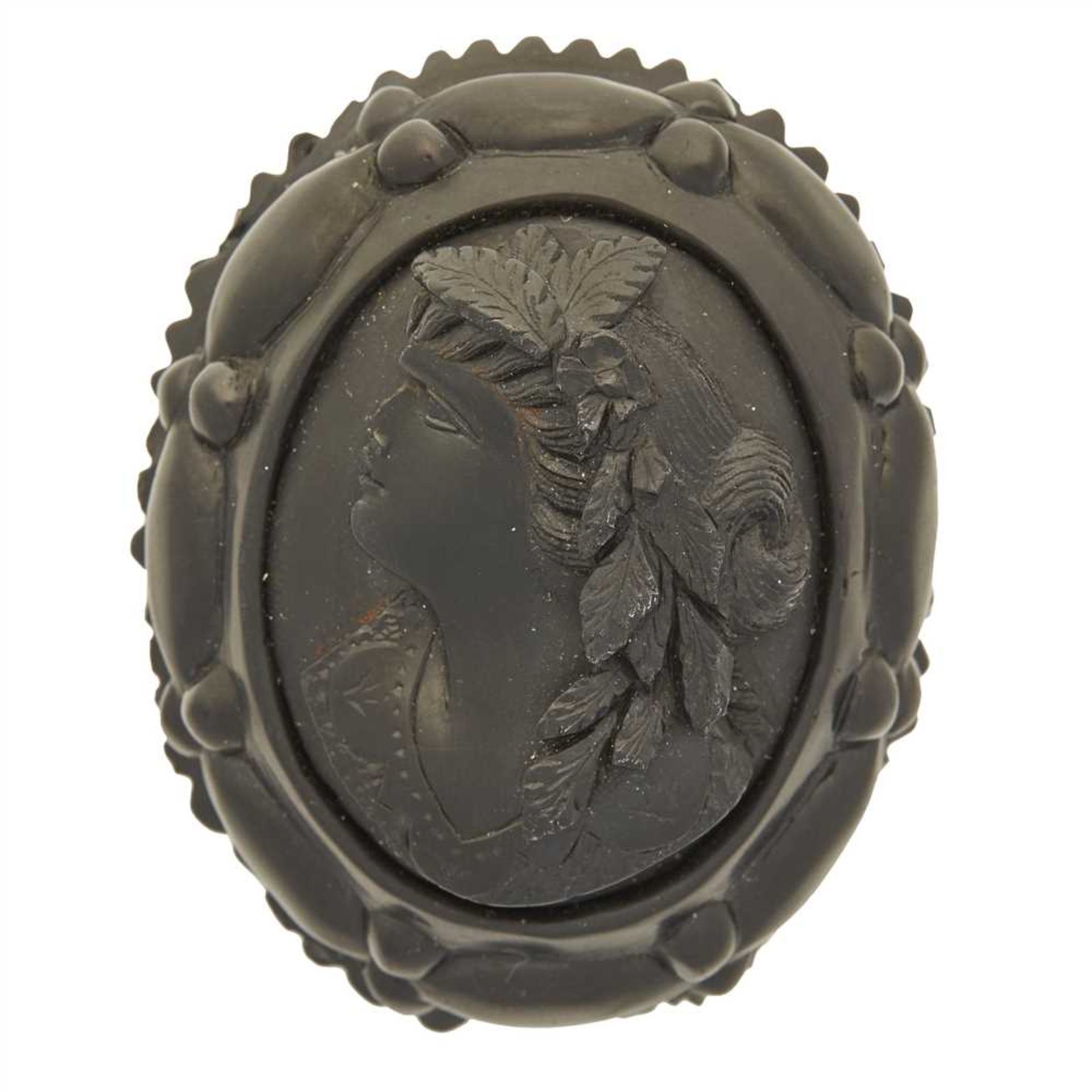 A Regency miniature presented in an oval frame with black enamel detail; together with a jet cameo - Image 2 of 3