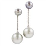 A pair of Tahitian pearl set pendant earrings each set with a central grey Tahitian pearl with a