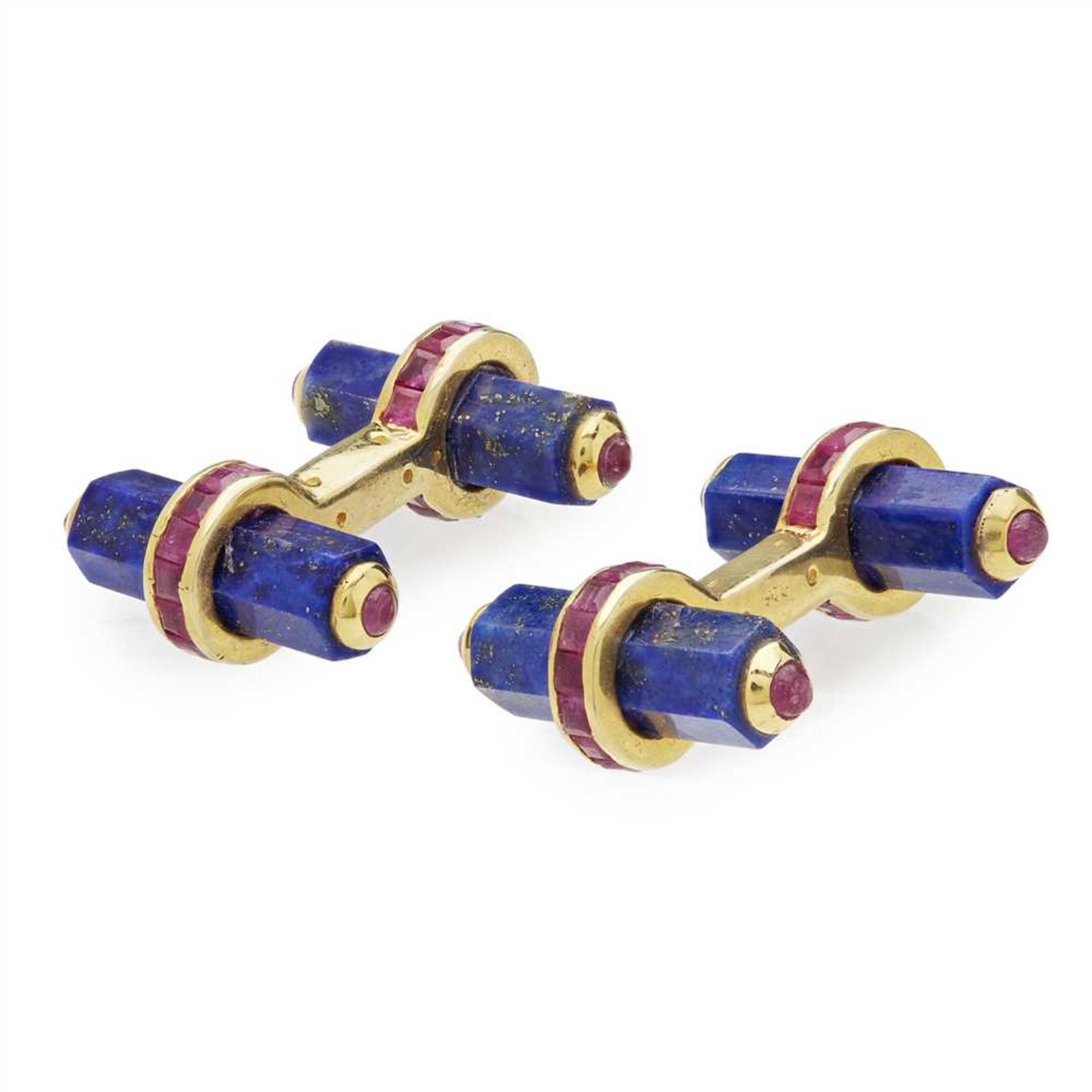 A pair of ruby and lapis lazuli set cufflinks each set with two hexagonal lapis lazuli batons,