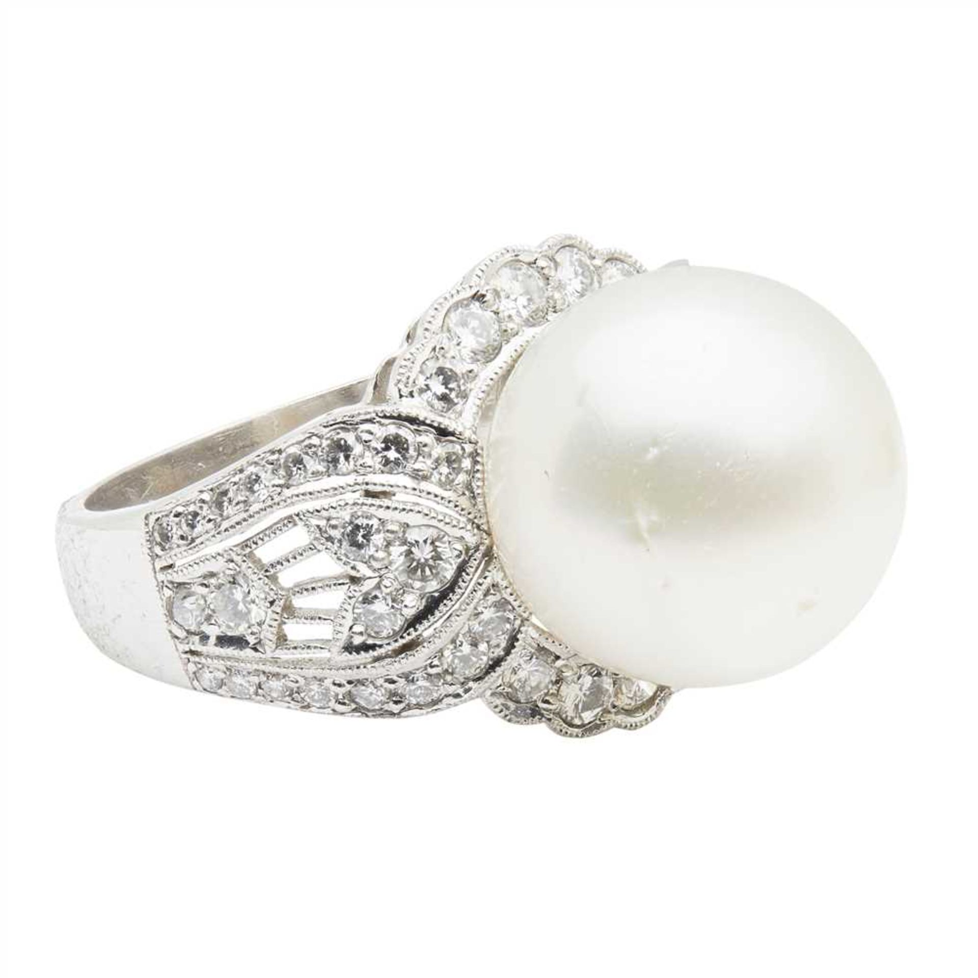 A South Sea pearl and diamond cocktail ring set with a large South Sea pearl, in a border of small - Image 2 of 2