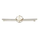 A pearl and diamond set bar brooch set with a central off-round pearl, in an open border set with