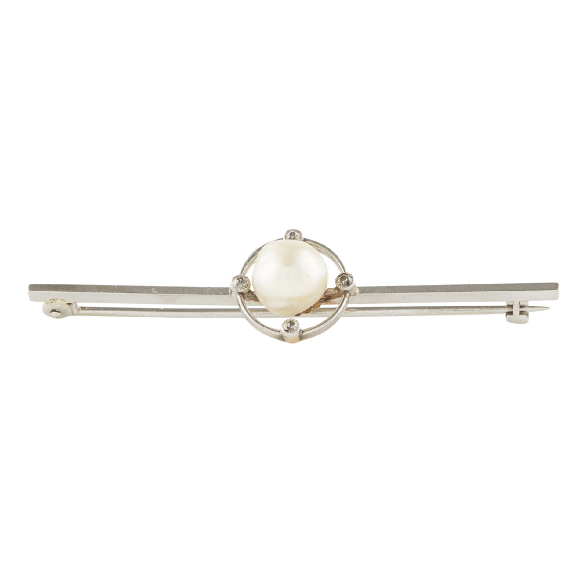 A pearl and diamond set bar brooch set with a central off-round pearl, in an open border set with