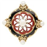 A pearl and enamel set brooch of circular pierced design, set to the centre with a single pearl in a