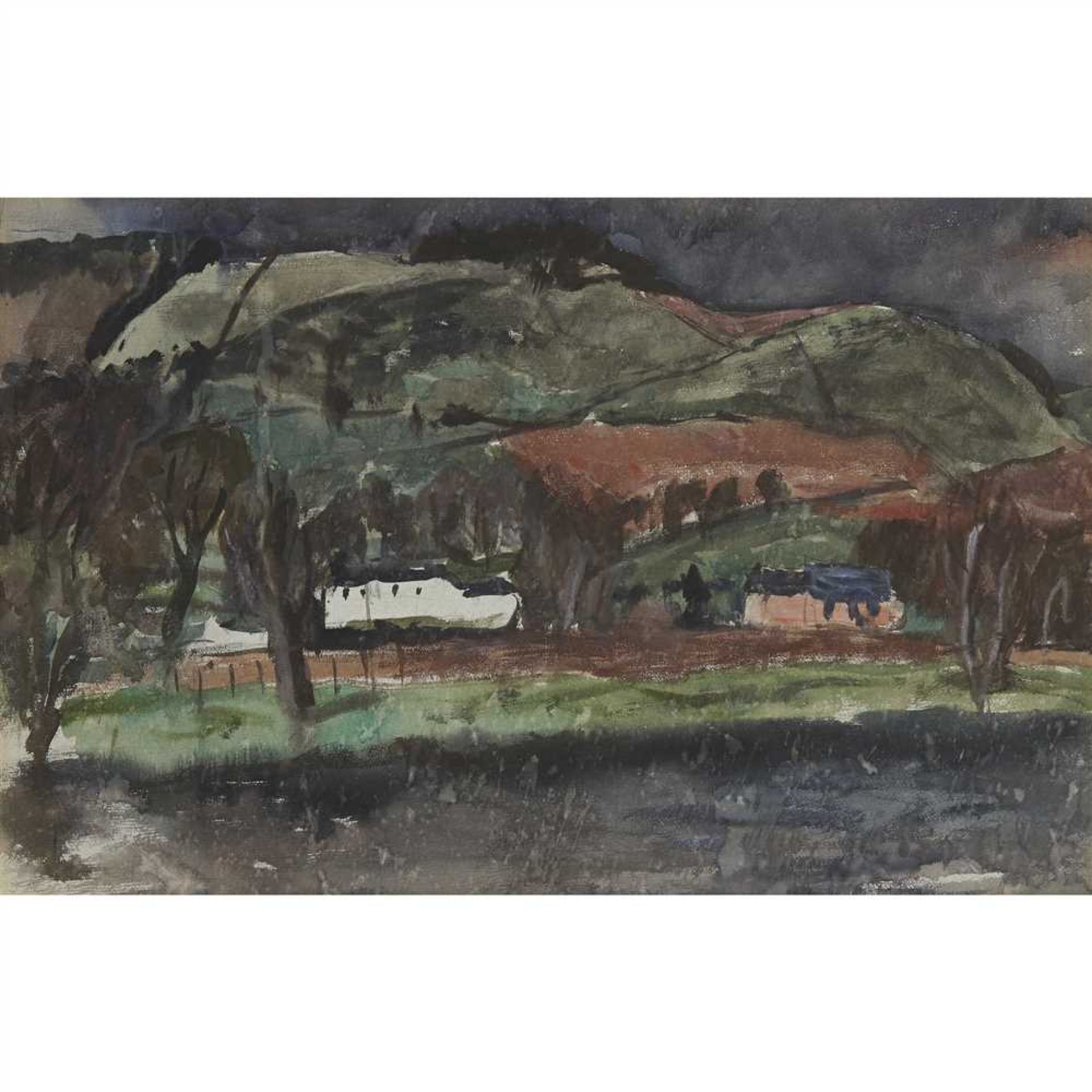 § WILLIAM WILSON O.B.E., R.S.A., R.S.W. (SCOTTISH 1905-1972) HILL AND FARM Watercolour (