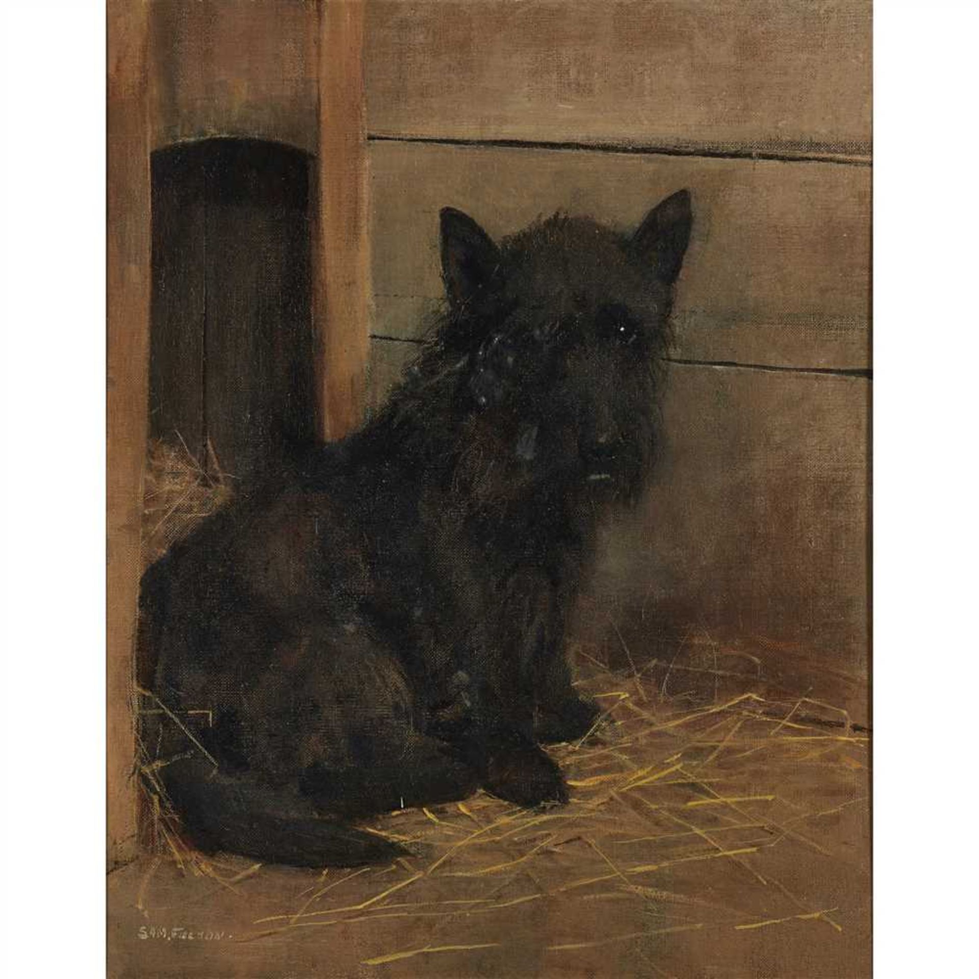 SAM FULTON (SCOTTISH 1855-1941) SCOTTISH TERRIER Signed, titled on old gallery label verso, oil on