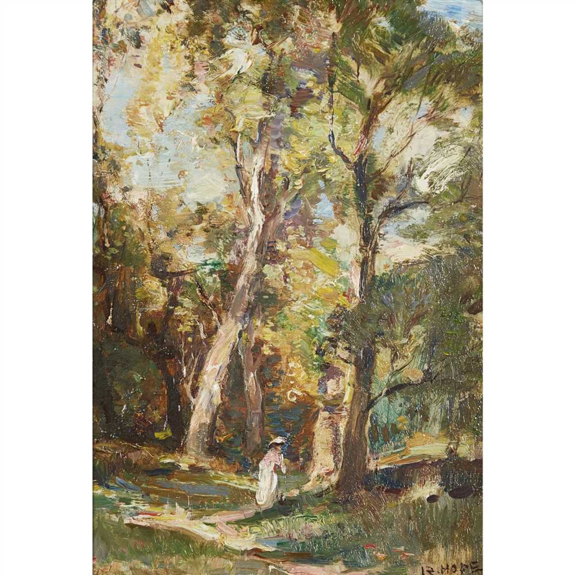 ROBERT HOPE R.S.A. (SCOTTISH 1869-1936) DALKEITH WOODS Signed, oil on board (Dimensions: 24cm x 16.