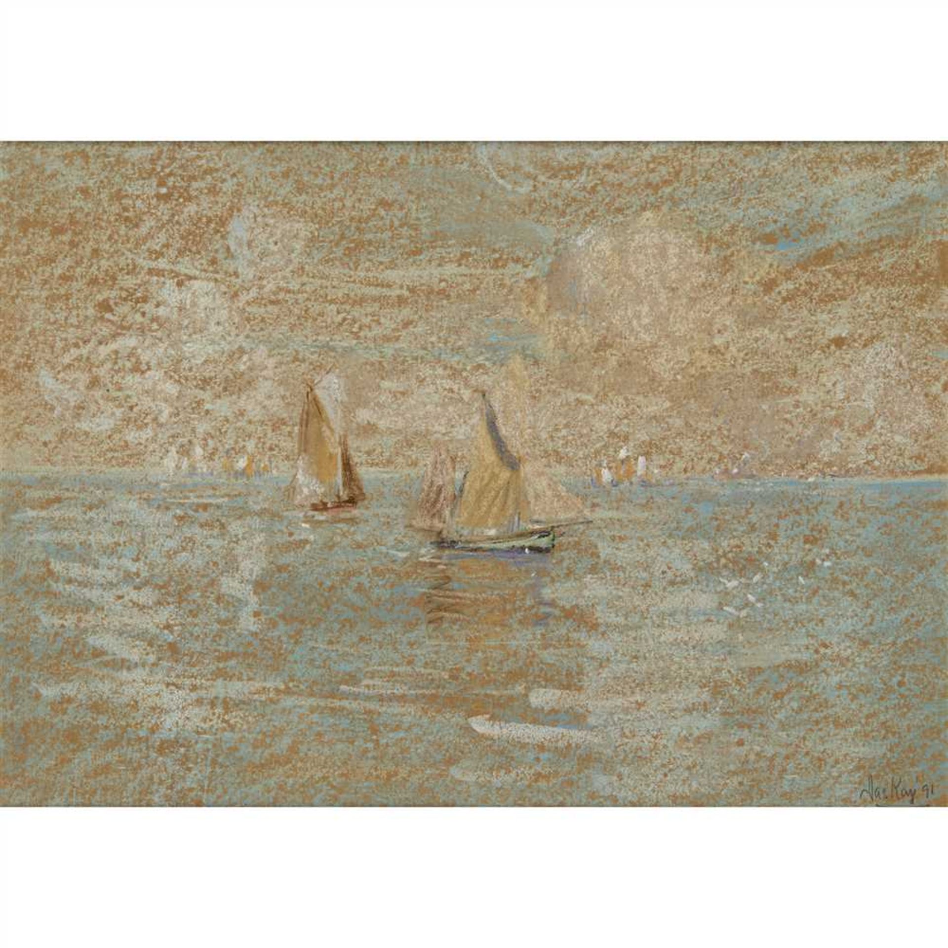 JAMES KAY R.S.A., R.S.W. (SCOTTISH 1858-1942) TALL SHIP IN HARBOUR Signed and dated '91, pastel ( - Image 2 of 4