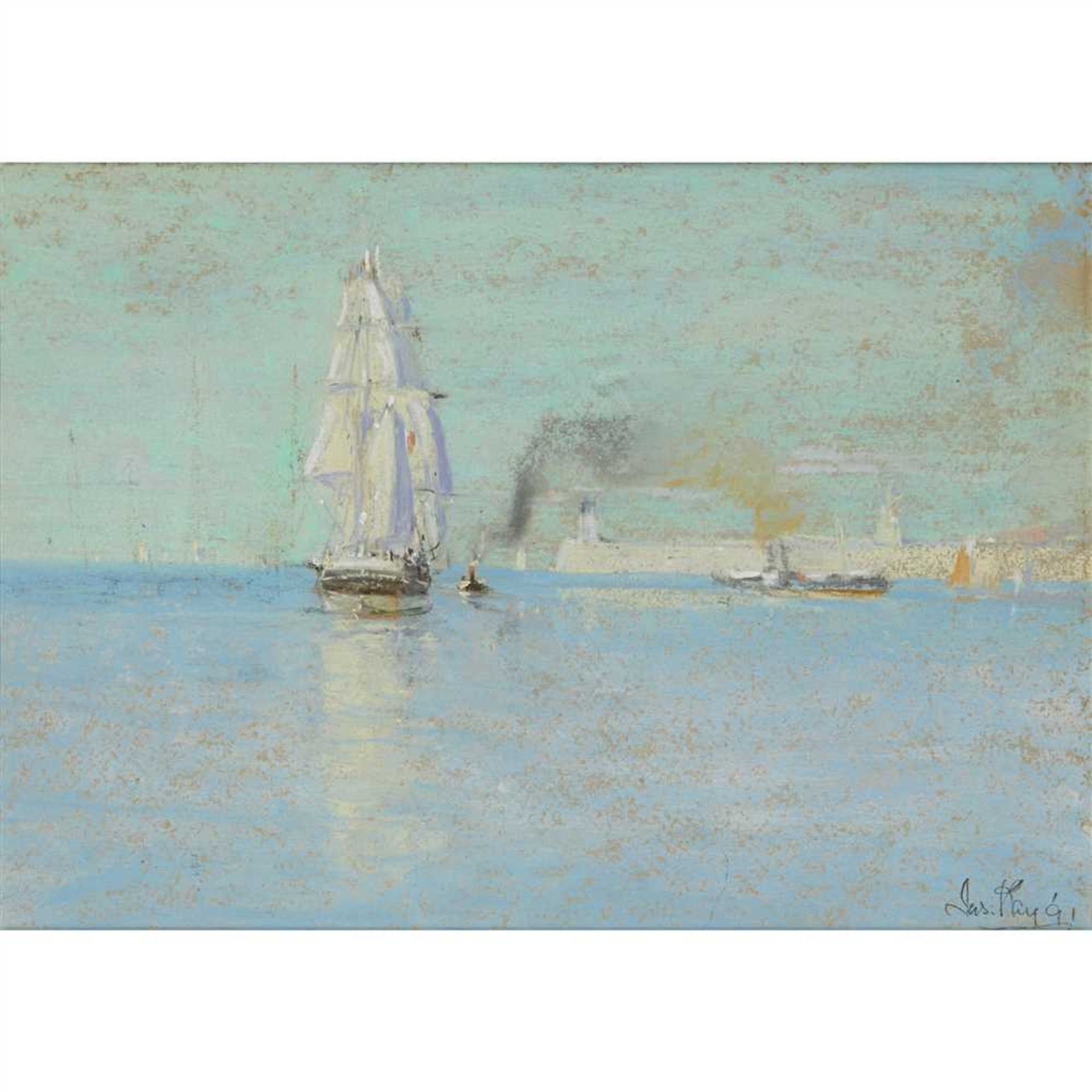 JAMES KAY R.S.A., R.S.W. (SCOTTISH 1858-1942) TALL SHIP IN HARBOUR Signed and dated '91, pastel (