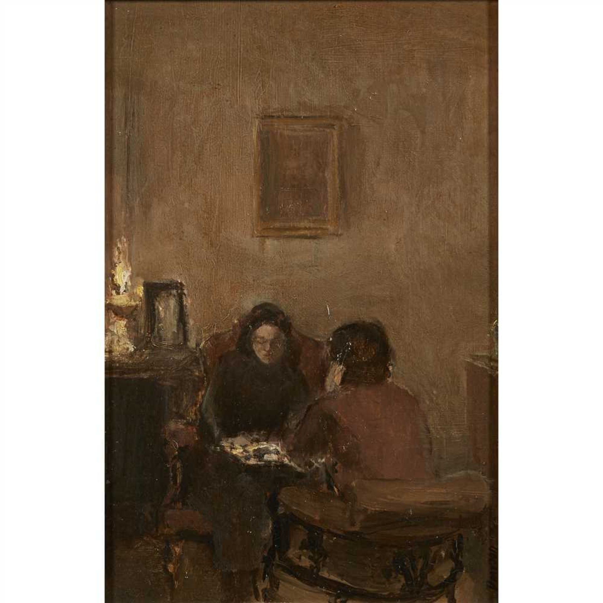 § EDWARD DAWSON (BRITISH B. 1941) PLAYING CHESS: THE DARKENED ROOM Signed, oil on board (Dimensions: