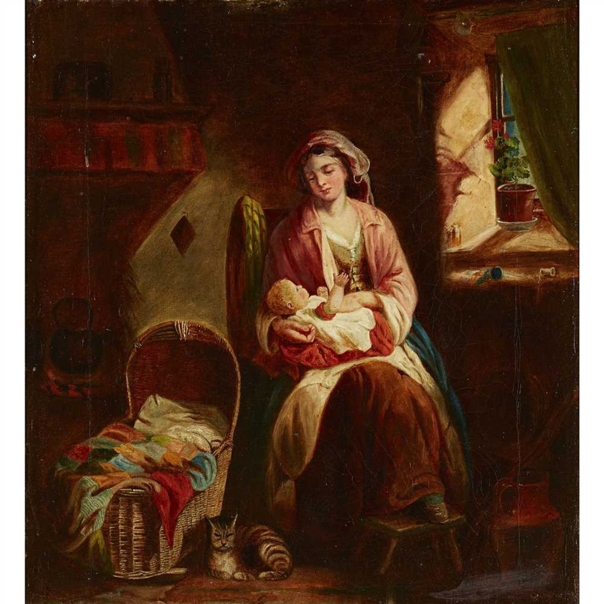 H.N. LAW (19TH CENTURY BRITISH) THE BASSINET Signed, oil on canvas (Dimensions: 45.5cm x 42cm (