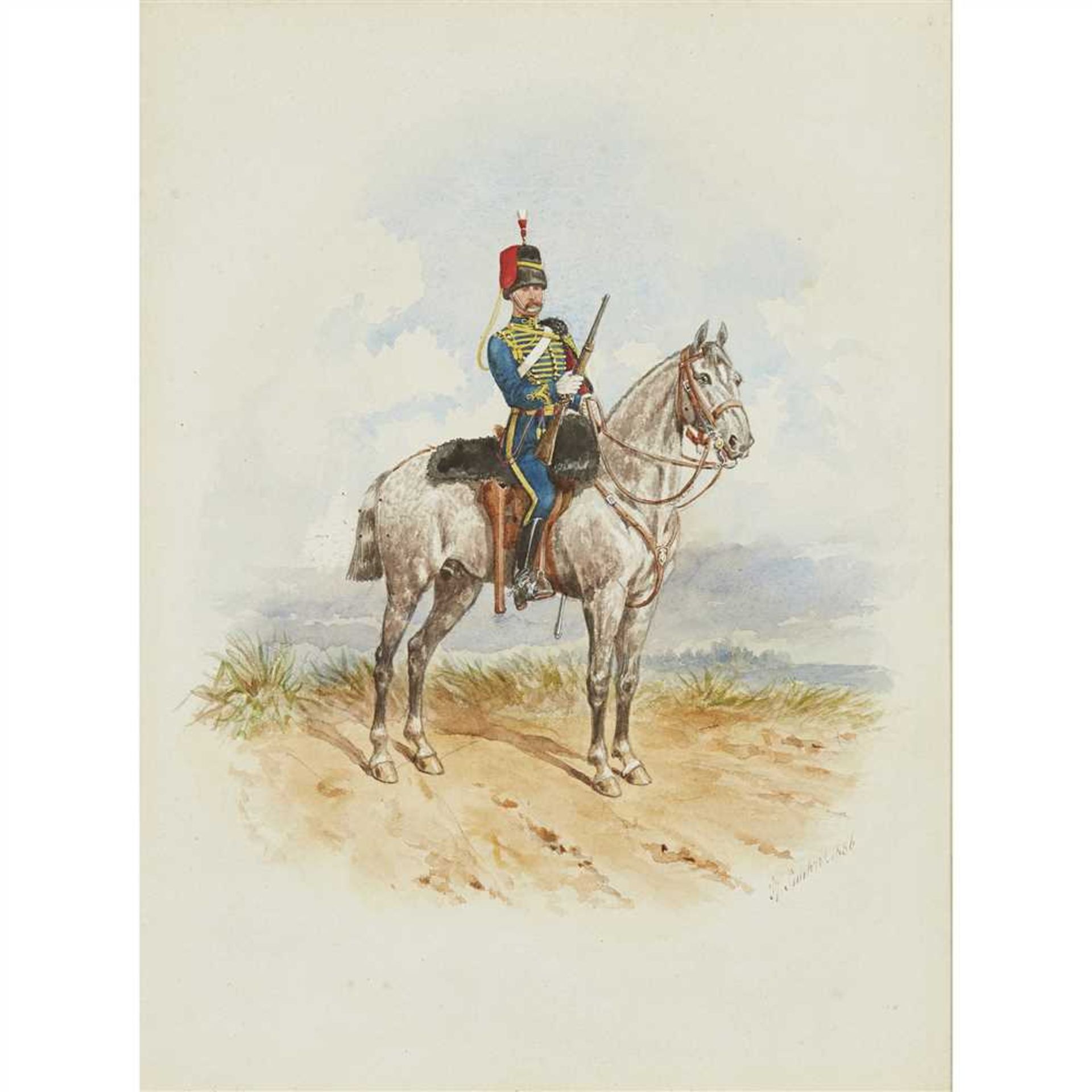 RICHARD SIMKIN (BRITISH 1840-1926) TROOPER Signed and dated 1886, watercolour (Dimensions: 32.5cm