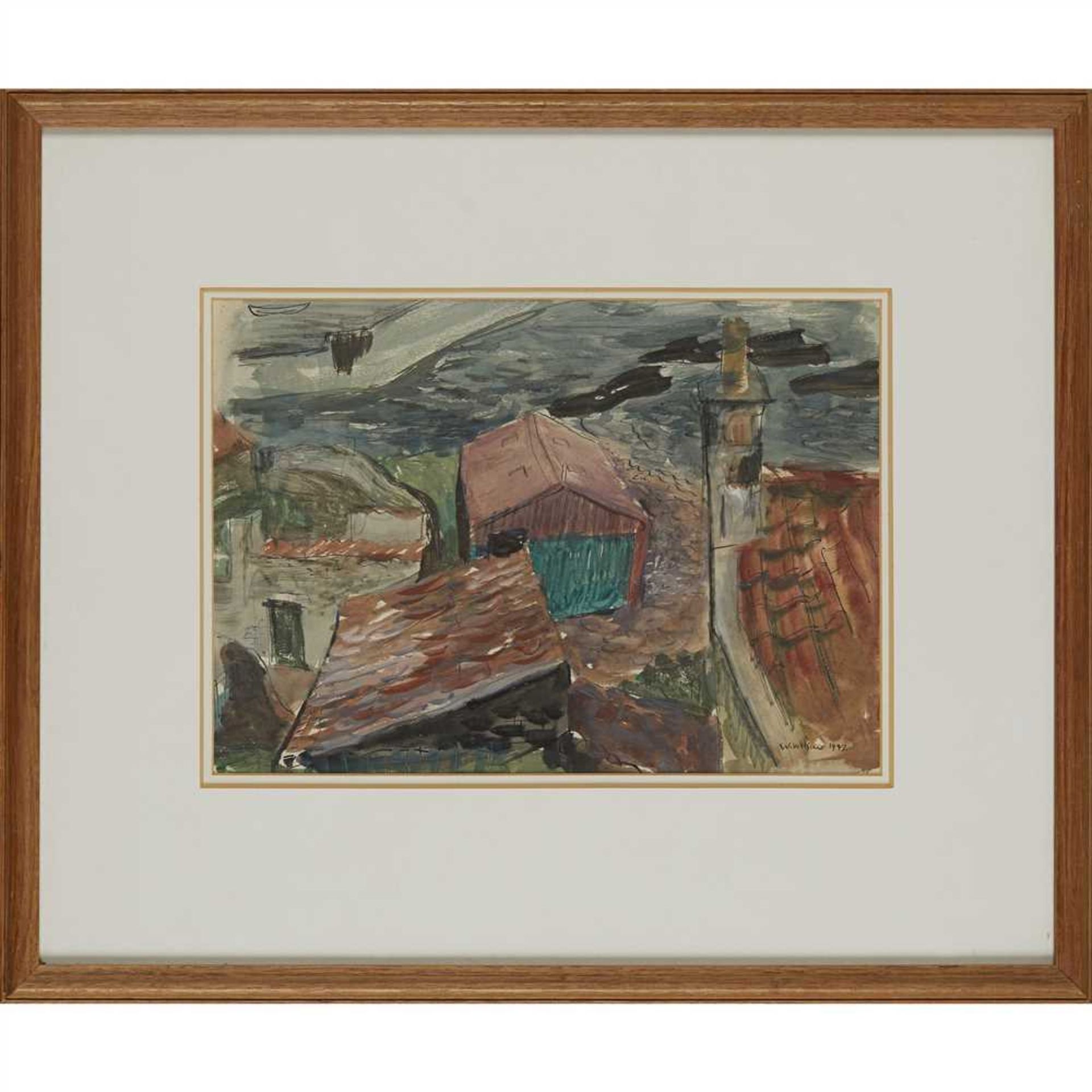 § WILLIAM WILSON O.B.E., R.S.A., R.S.W. (SCOTTISH 1905-1972) RED ROOFS V Signed and dated 1947, - Image 2 of 2