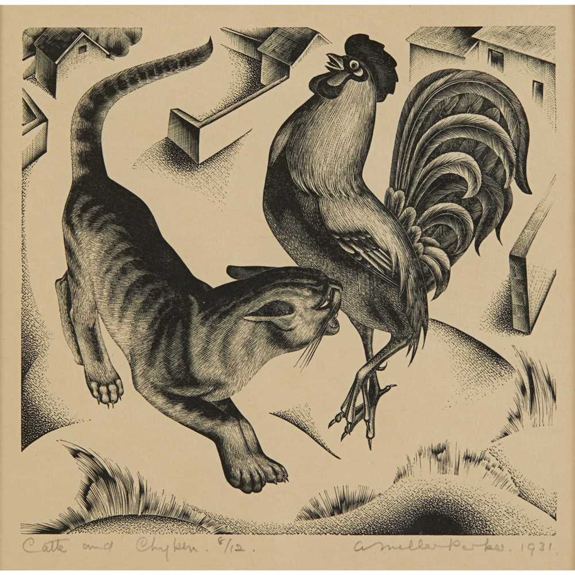 § AGNES MILLER PARKER (SCOTTISH 1895-1980) CATTE AND CHYKEN (FOR 'THE FABLES OF ESOPE') Signed and
