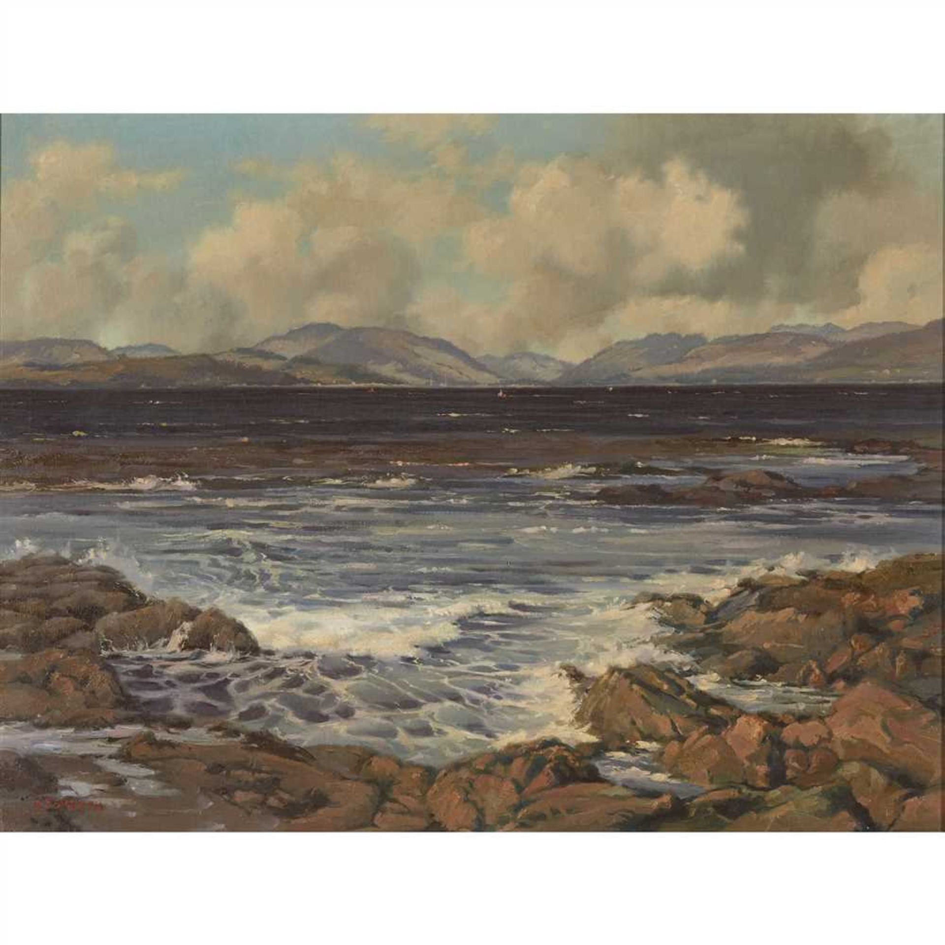 § RICHARD FORSYTH (SCOTTISH 1930-1997) FIRTH OF CLYDE- TOWARDS LOCH LONG Signed, oil on canvas (