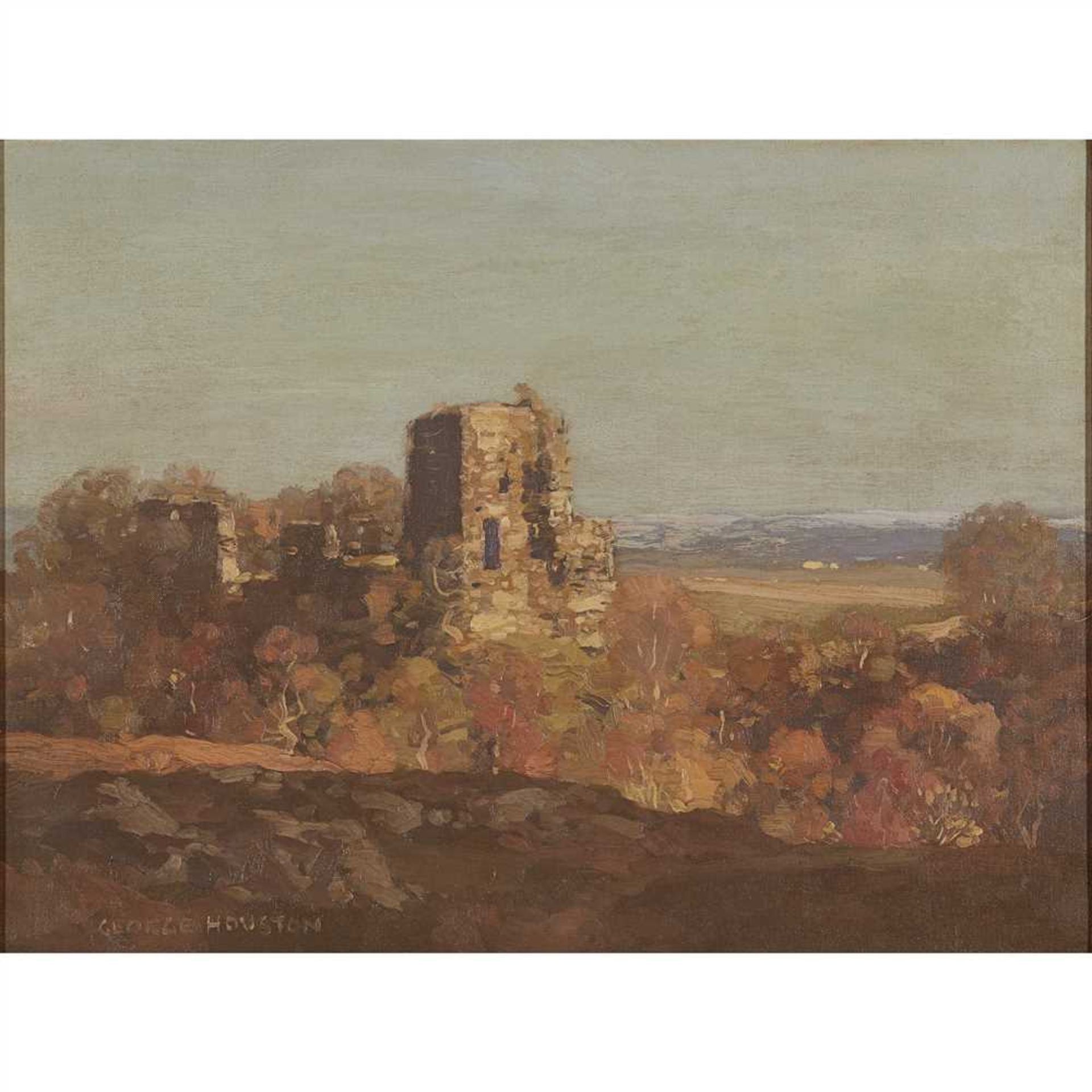 GEORGE HOUSTON R.S.A, R.S.W., R.G.I (SCOTTISH 1869-1947) AUTUMNAL LANDSCAPE WITH RUINS Signed, oil