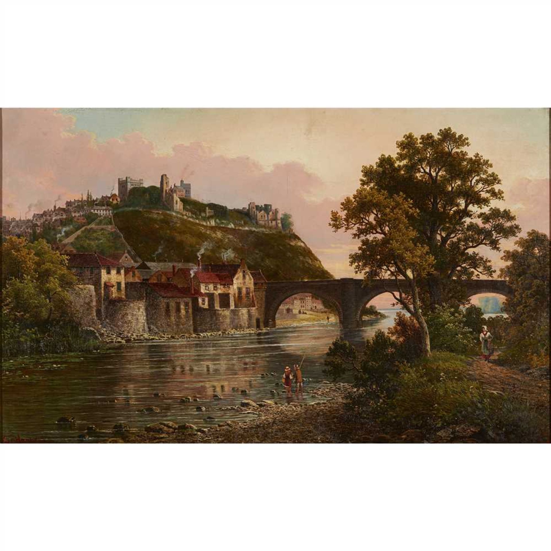 E. V. HAMPE (GERMAN 19TH CENTURY) BEYOND THE TOWN WALLS Signed, oil on canvas . (Dimensions: 74.