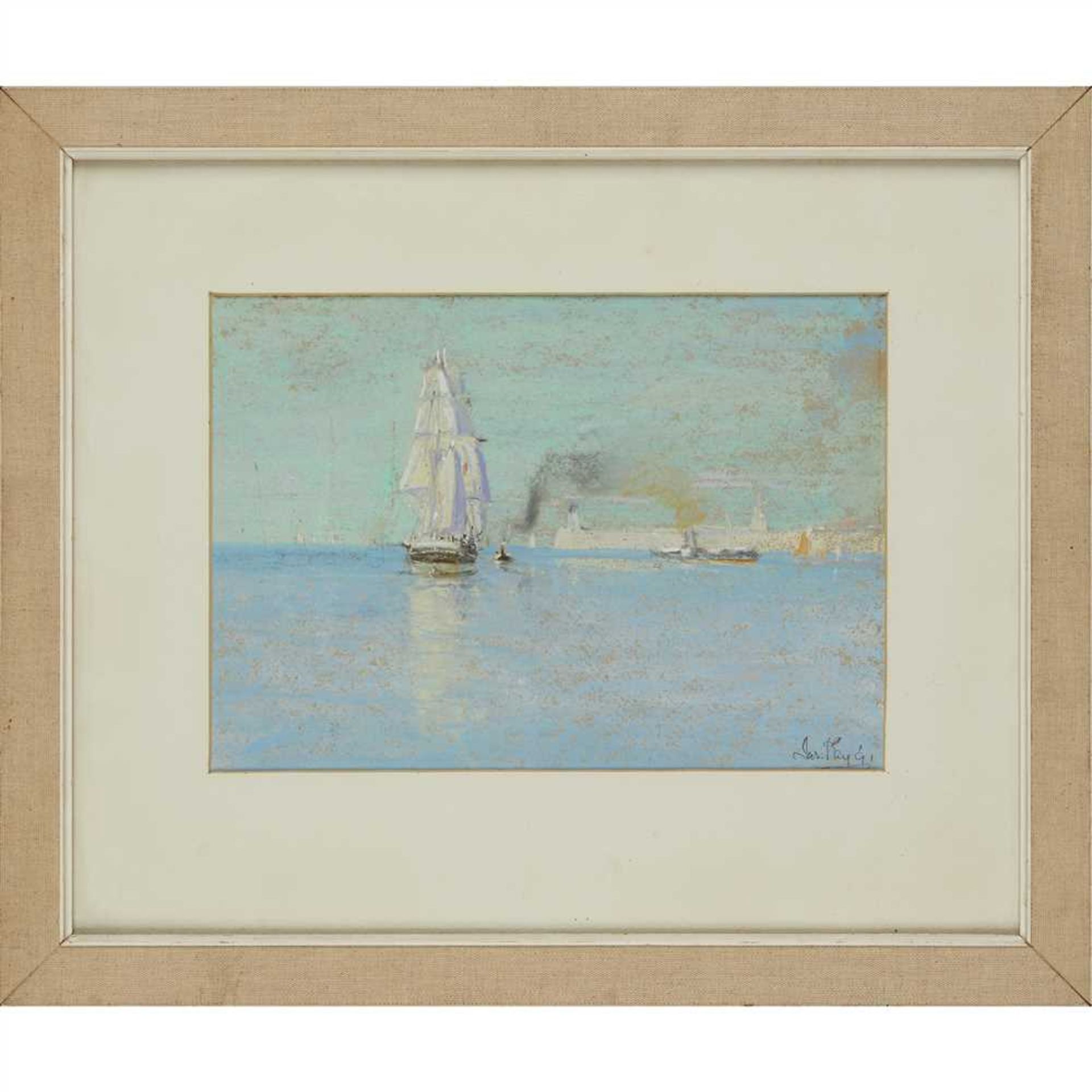 JAMES KAY R.S.A., R.S.W. (SCOTTISH 1858-1942) TALL SHIP IN HARBOUR Signed and dated '91, pastel ( - Image 3 of 4