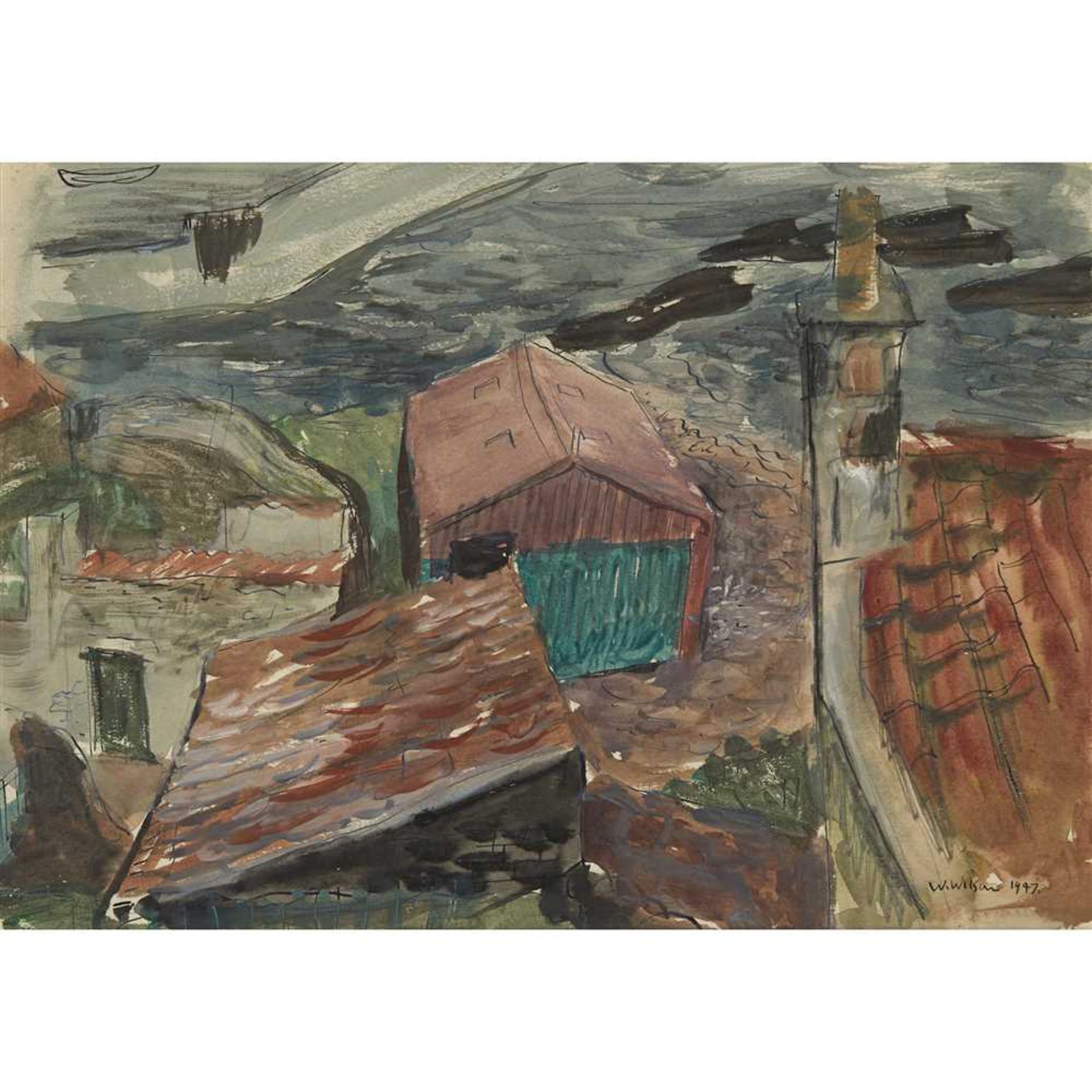§ WILLIAM WILSON O.B.E., R.S.A., R.S.W. (SCOTTISH 1905-1972) RED ROOFS V Signed and dated 1947,