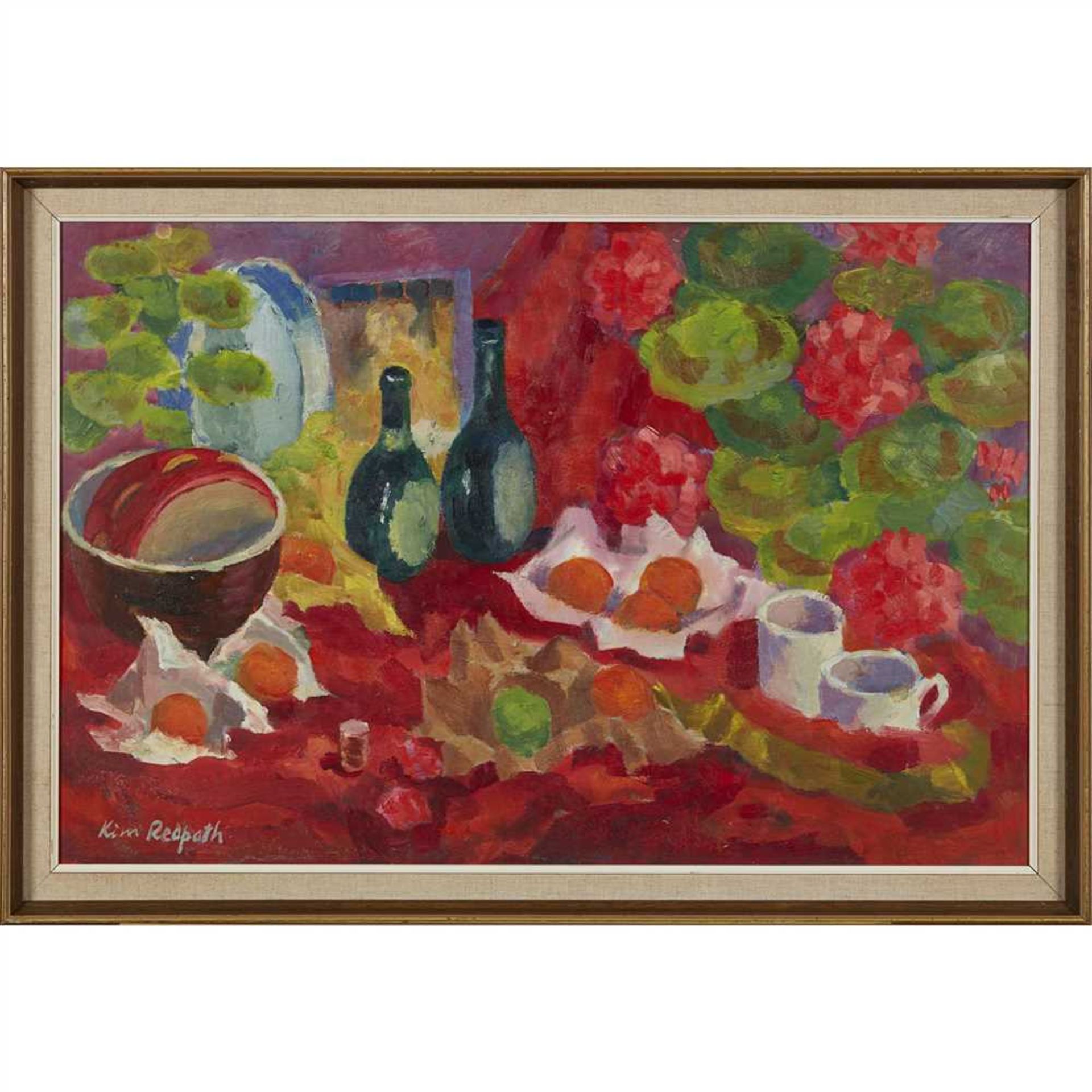 § KIM REDPATH S.S.A. (SCOTTISH 1925-2018) STILL LIFE WITH GERANIUMS AND ORANGES Signed, oil on board - Image 2 of 2