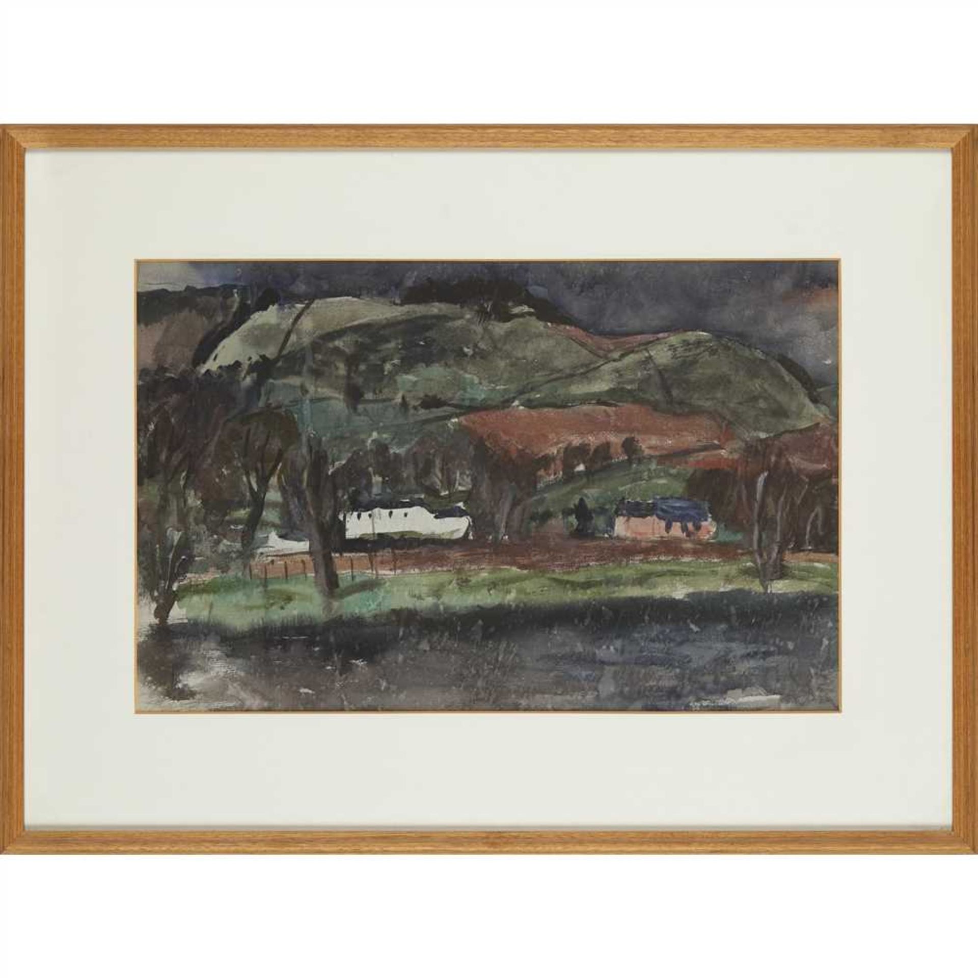 § WILLIAM WILSON O.B.E., R.S.A., R.S.W. (SCOTTISH 1905-1972) HILL AND FARM Watercolour ( - Image 2 of 2