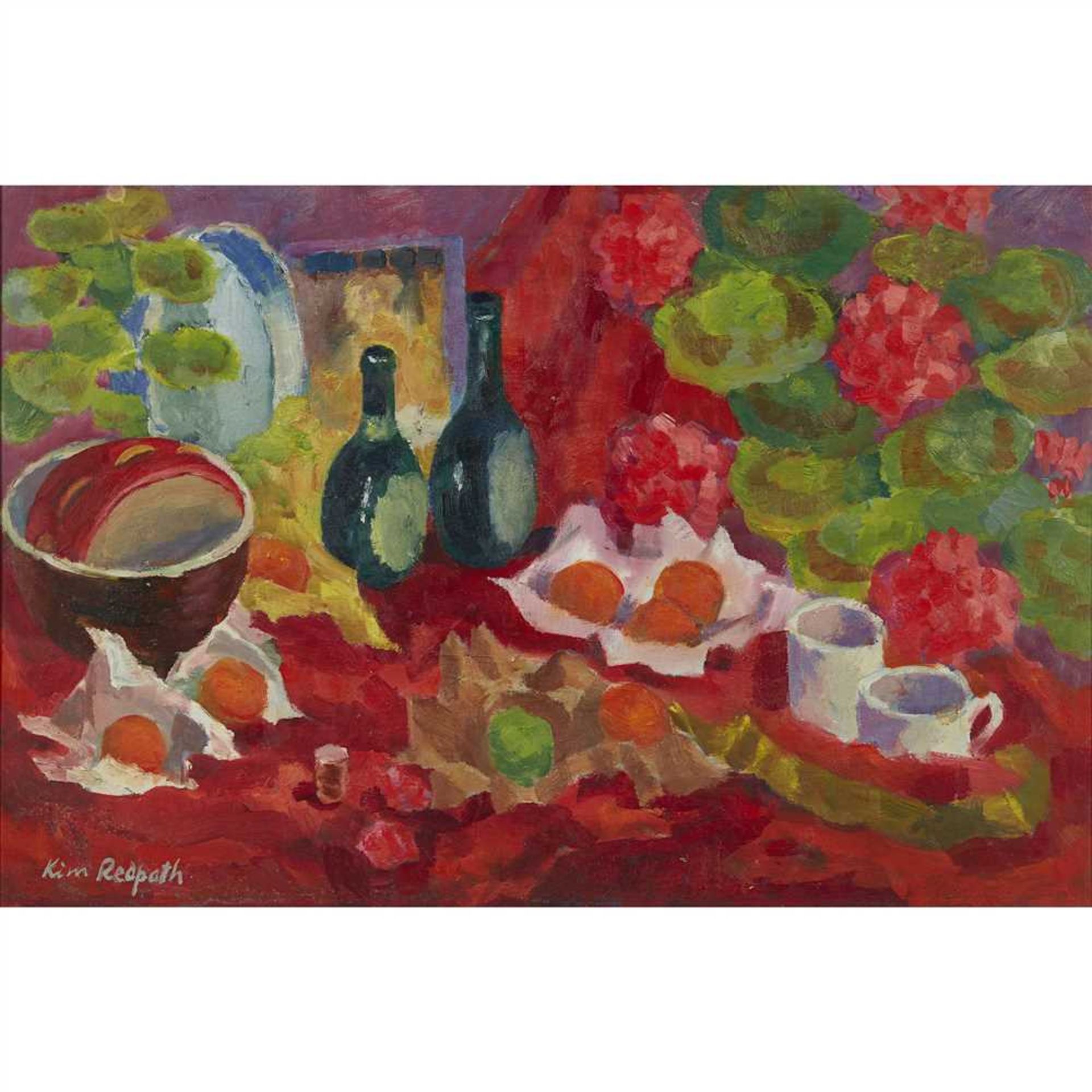 § KIM REDPATH S.S.A. (SCOTTISH 1925-2018) STILL LIFE WITH GERANIUMS AND ORANGES Signed, oil on board