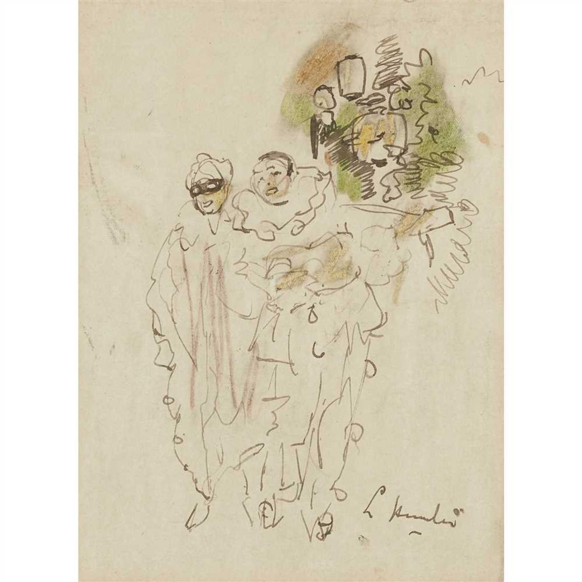 GEORGE LESLIE HUNTER (SCOTTISH 1877-1931) PIERETTE AND PIERROT Signed, mixed media (Dimensions: 21cm