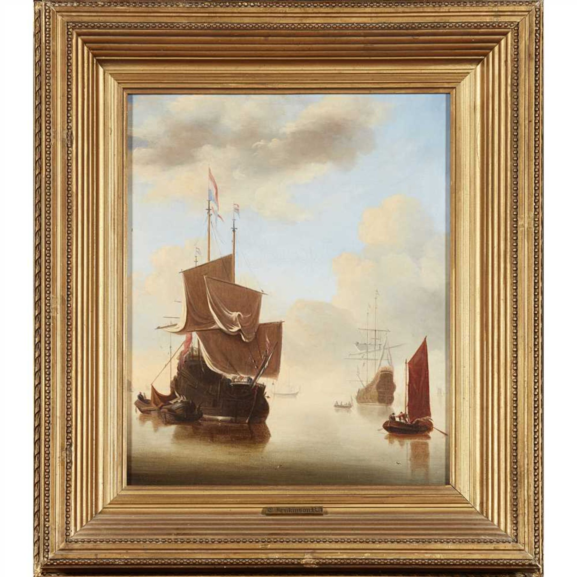 CHARLES JENKINSON (18TH CENUTRY CONTINENTAL SCHOOL) THE FLEET AT ANCHOR Inscribed verso, oil on - Image 2 of 2