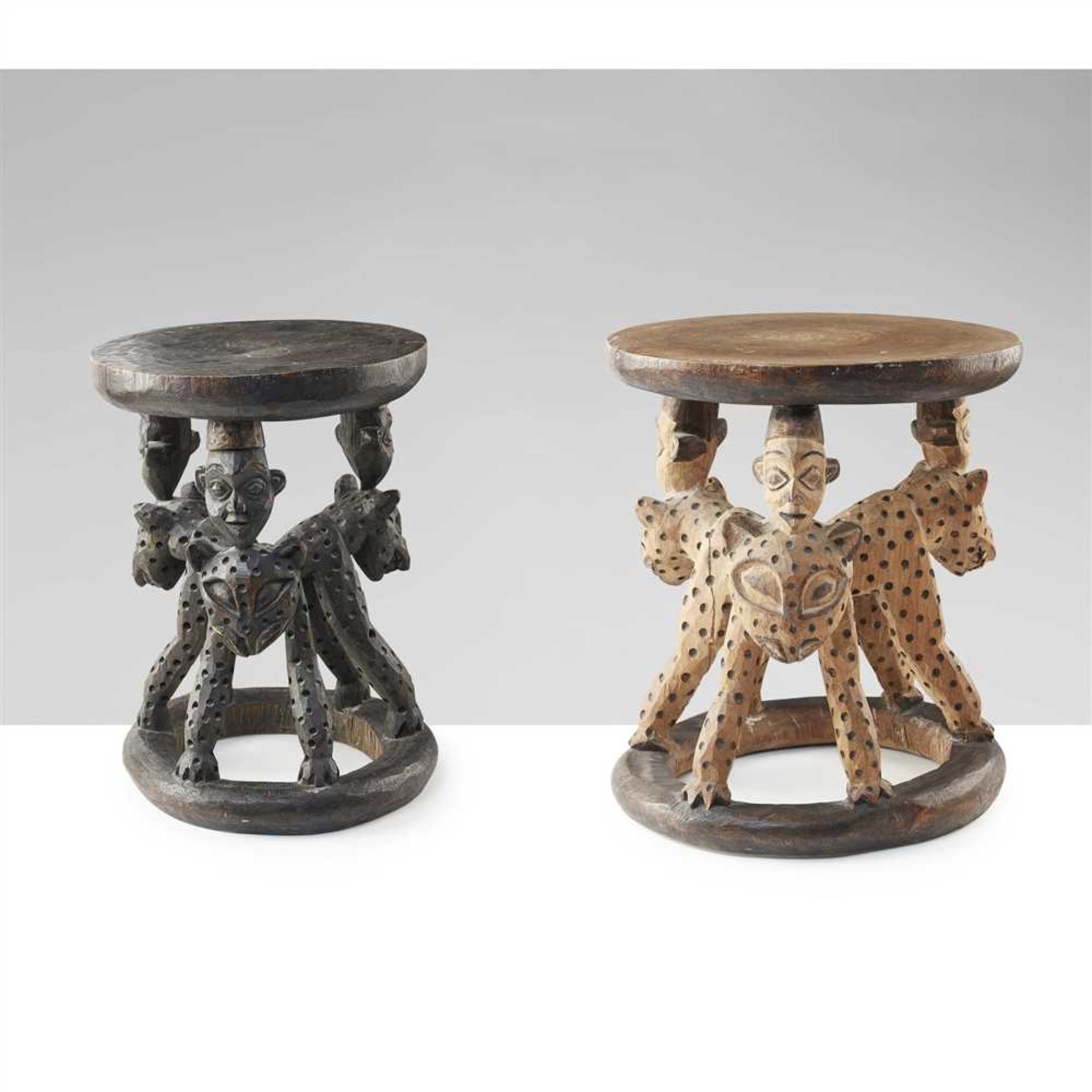 PAIR OF BAMILEKE STOOLS CAMEROON GRASSLANDS carved wood, both standing on ring bases with three