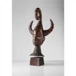 EKOI EJAGHAM HEADDRESS NIGERIA carved wood, hide, horn and metal, the wooden head covered with